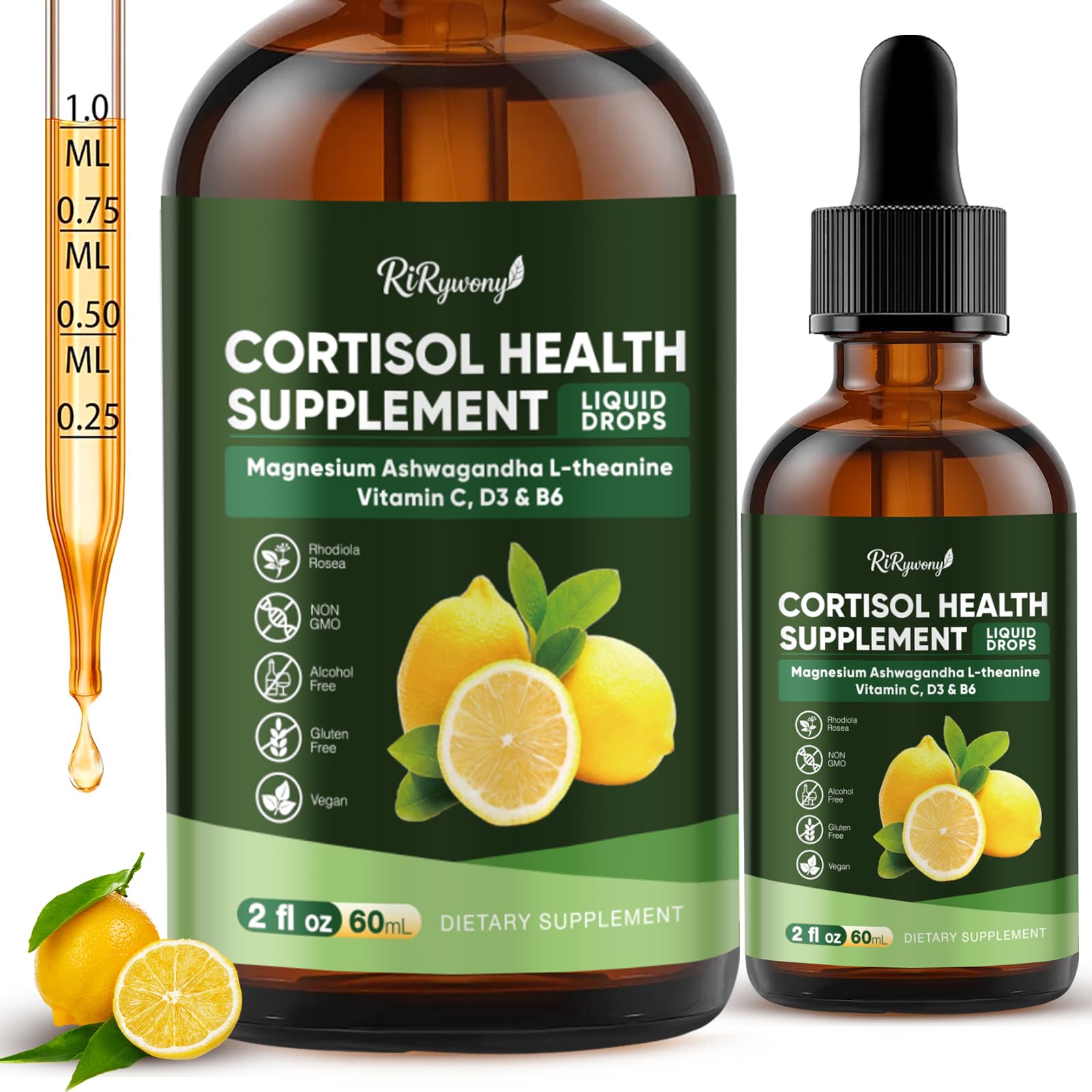 RiRywony Cortisol Supplements 2 Fl Oz front view with dropper