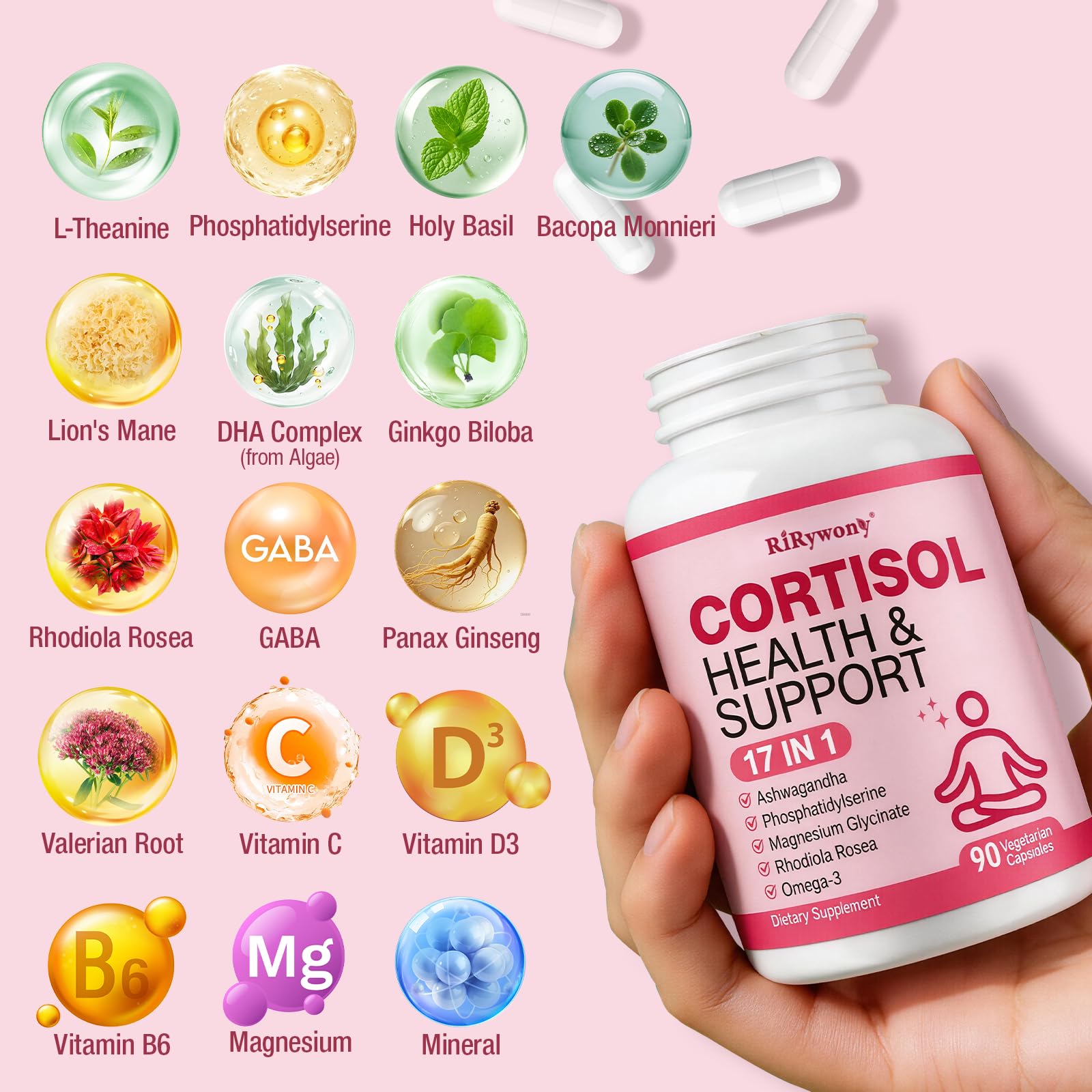 RiRywony Cortisol Wellness Formula capsules in a hand