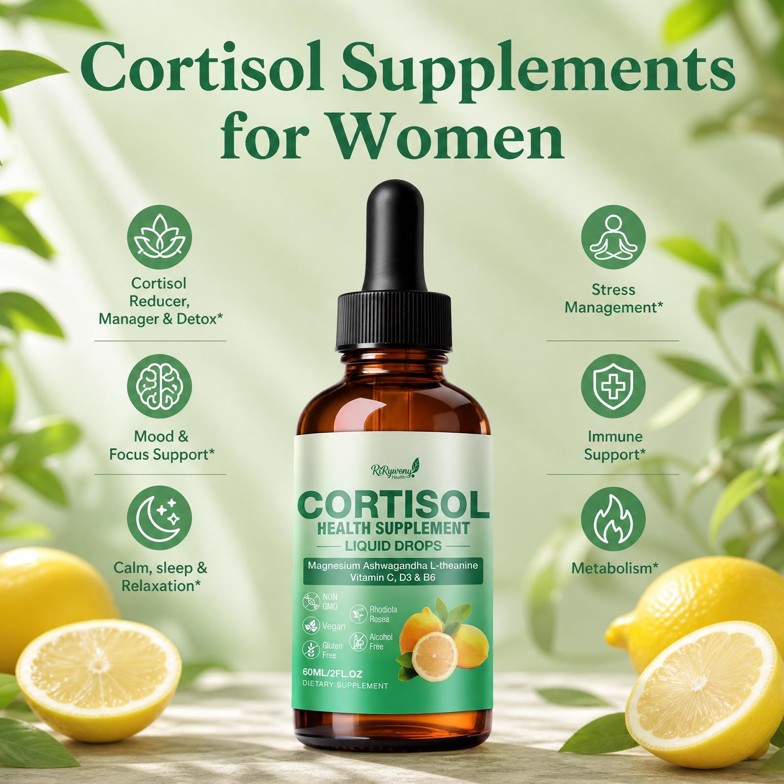 RiRywony Health Cortisol Supplements bottle side view