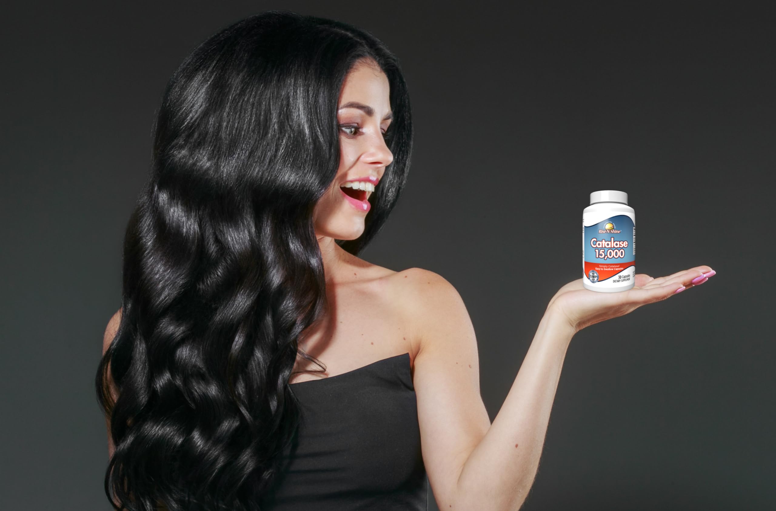 Rise-N-Shine Catalase 15,000 supplement lifestyle scene with a glass of water