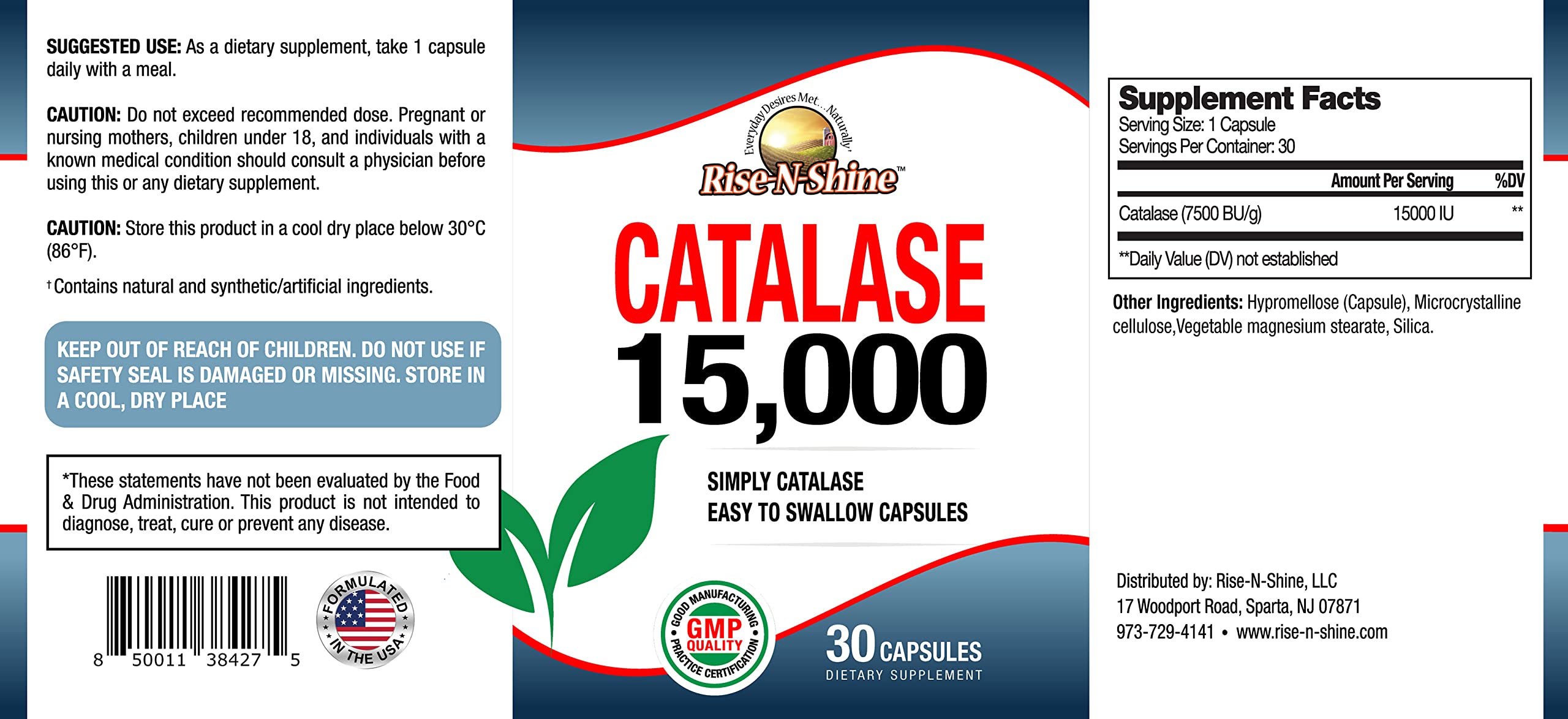 Rise-N-Shine Catalase 15,000 supplement side view of bottle