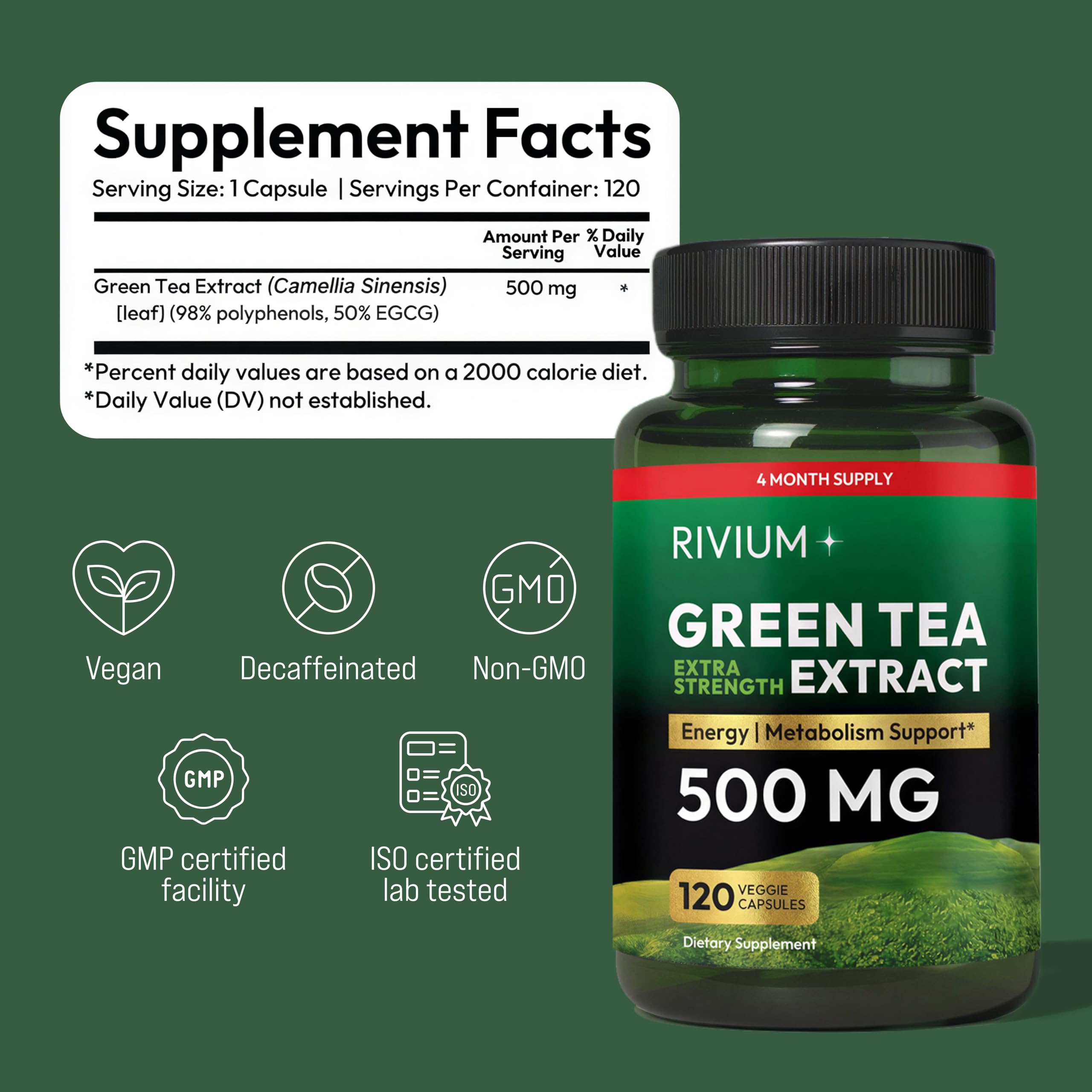 Rivium Green Tea Extract Capsules lifestyle scene with a glass of water