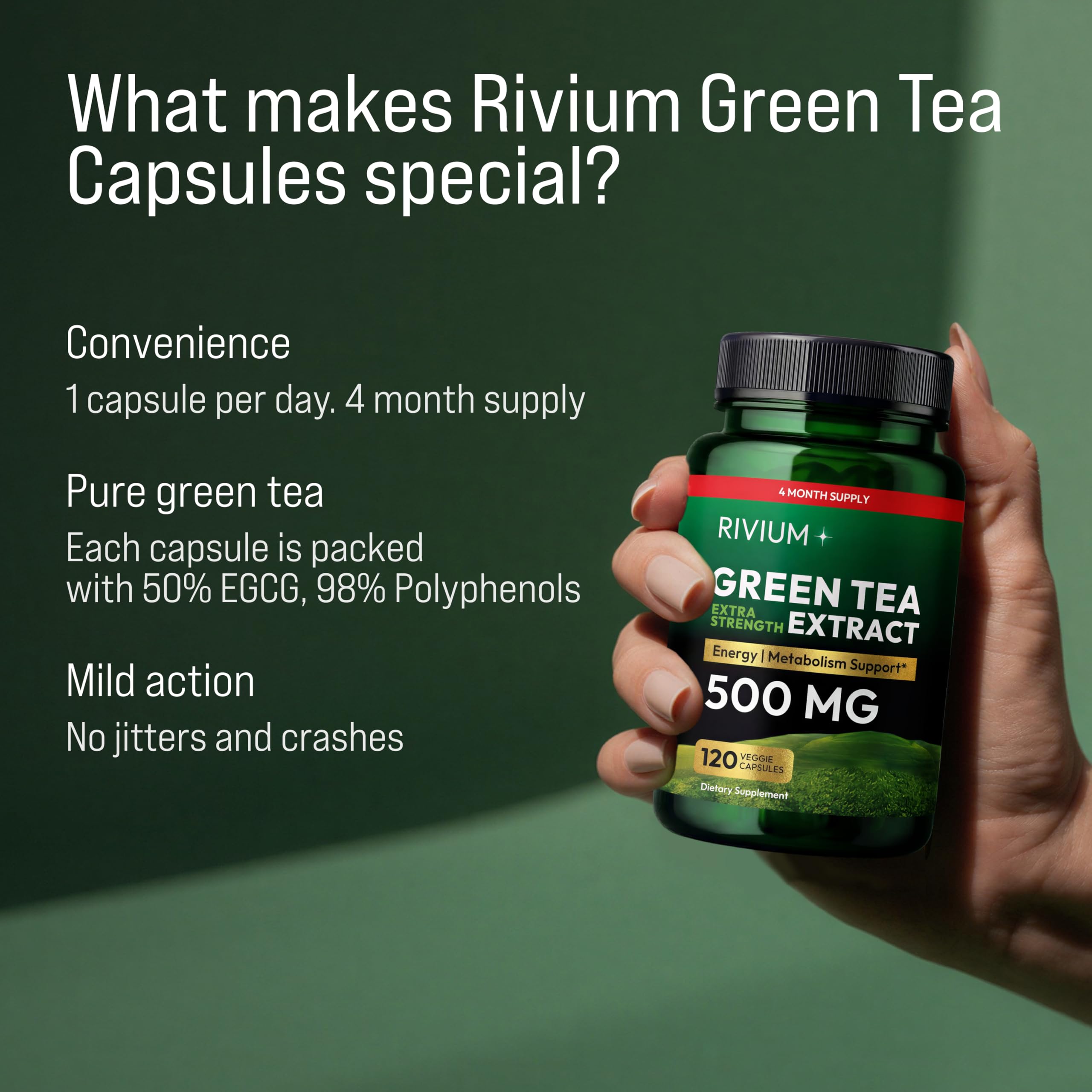 Rivium Green Tea Extract Capsules showing the capsule size
