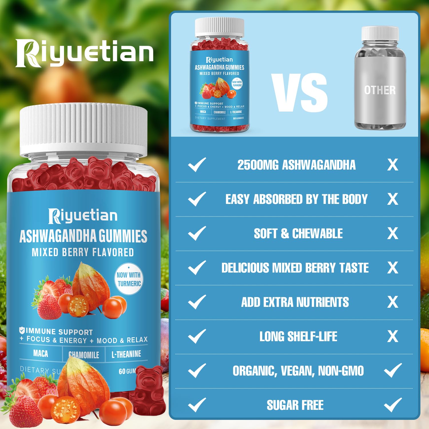 Riyuetian Ashwagandha Gummies back view with nutritional information