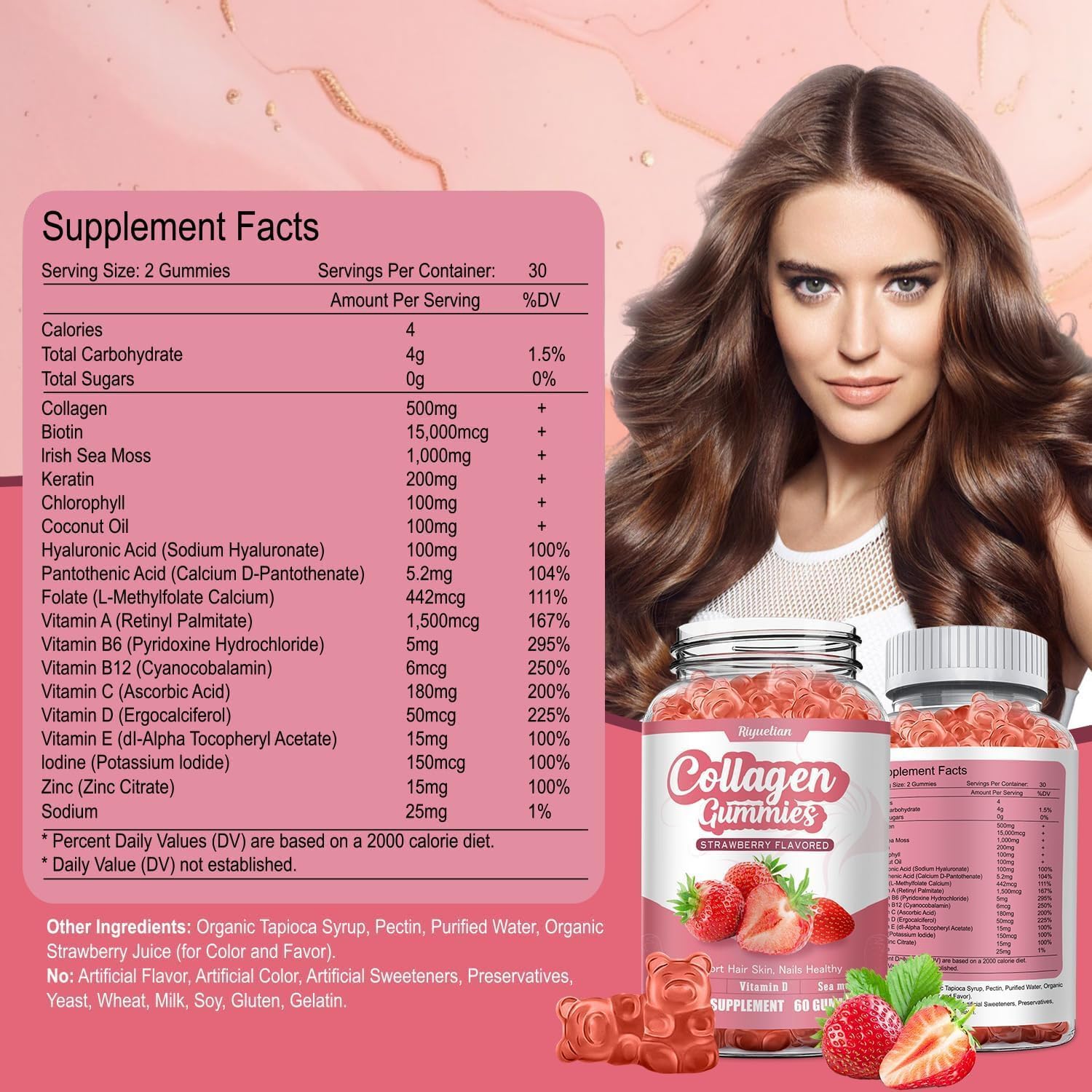 Riyuetian Collagen Gummies 181g back view showing ingredients