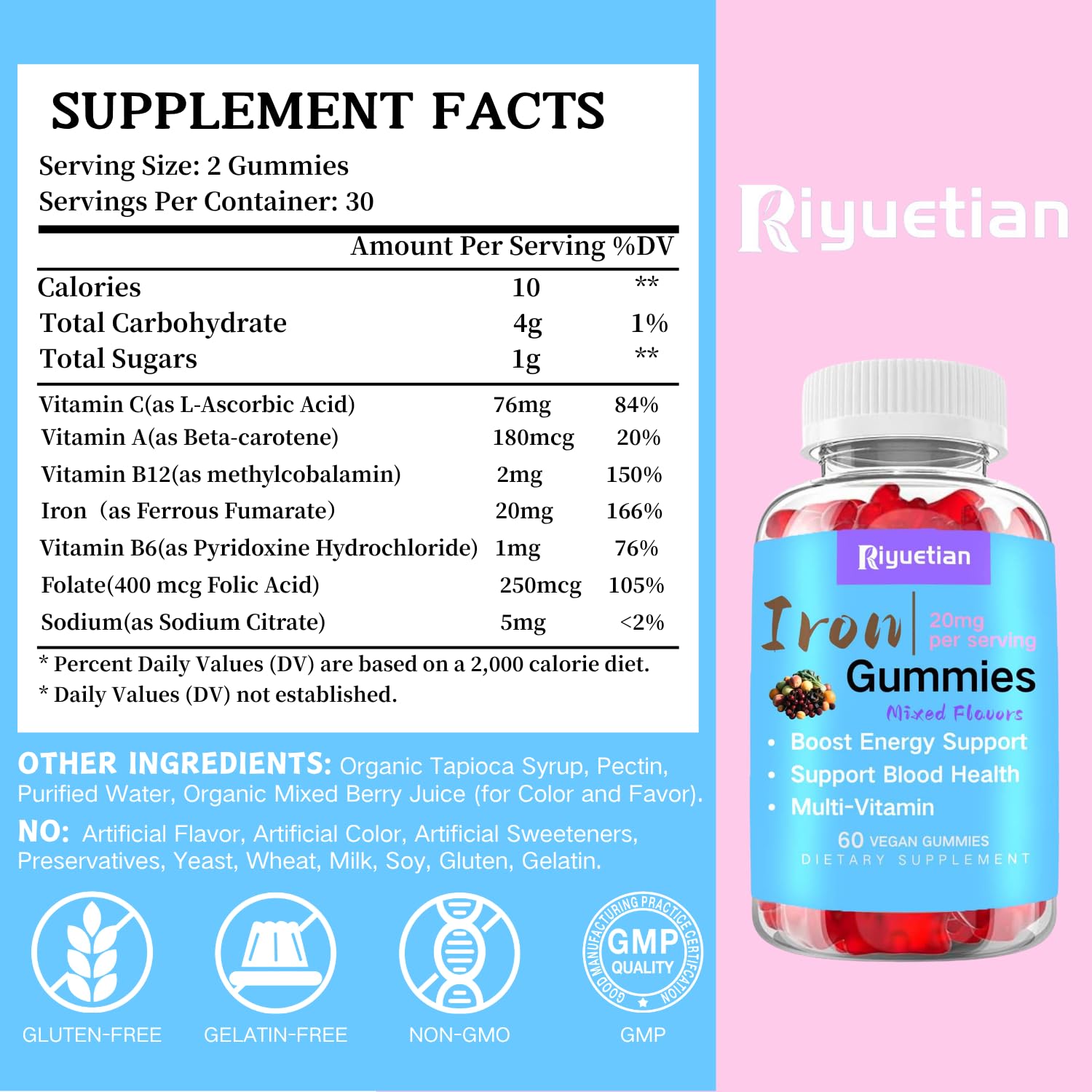 Riyuetian Iron Gummies in a hand for size perspective