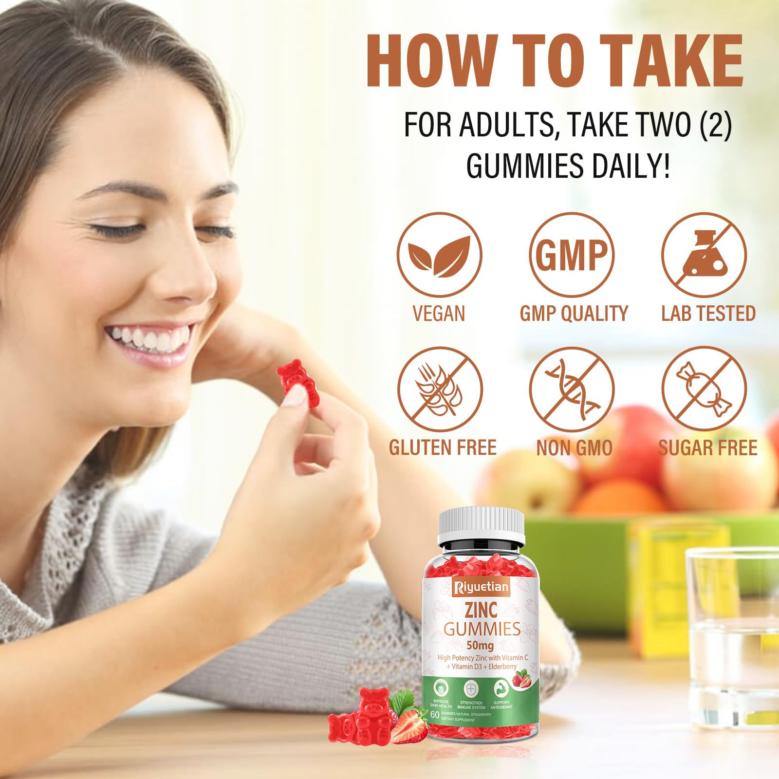 Riyuetian Zinc Gummies 200g lifestyle scene with a glass of water