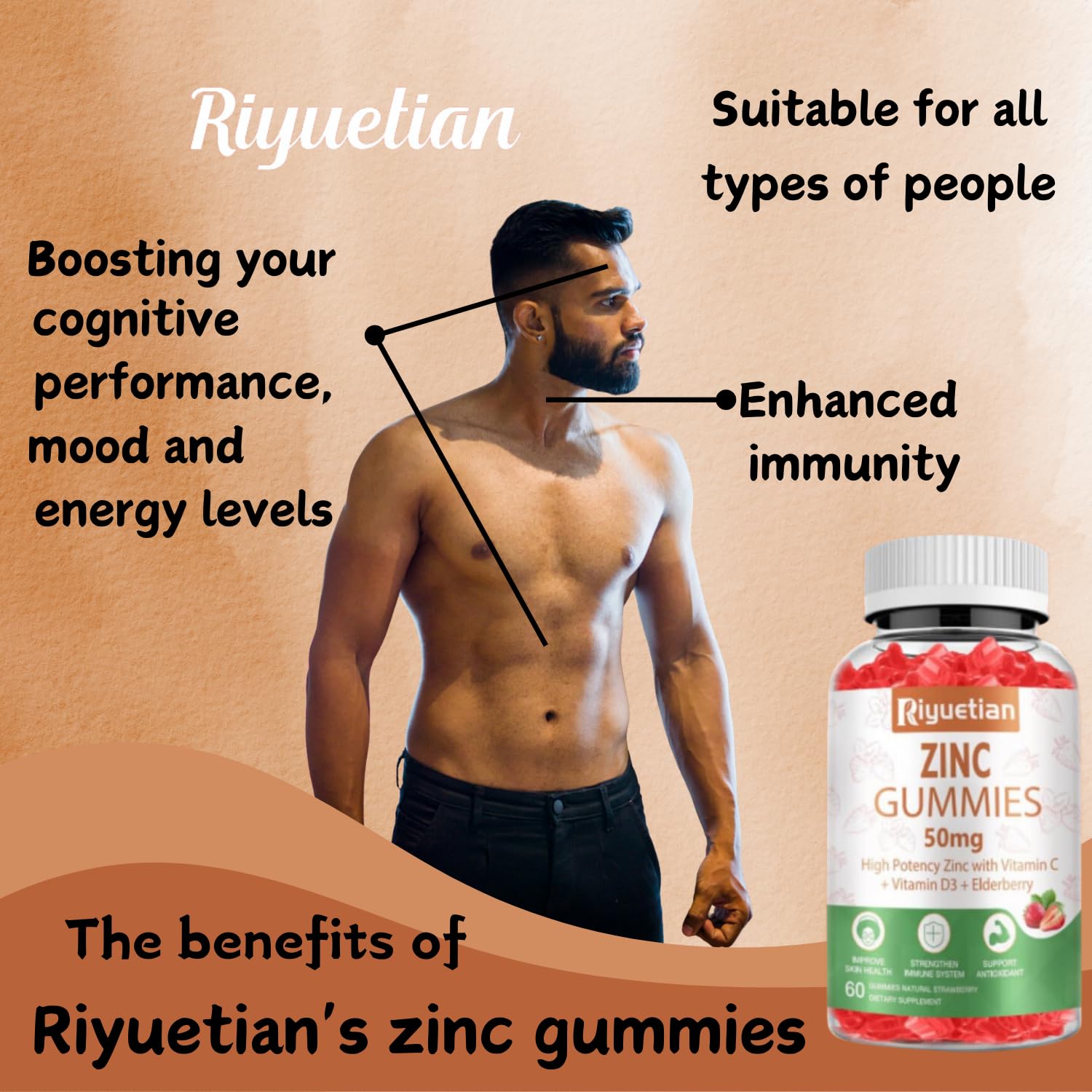 Riyuetian Zinc Gummies 200g showing gummies in a bowl