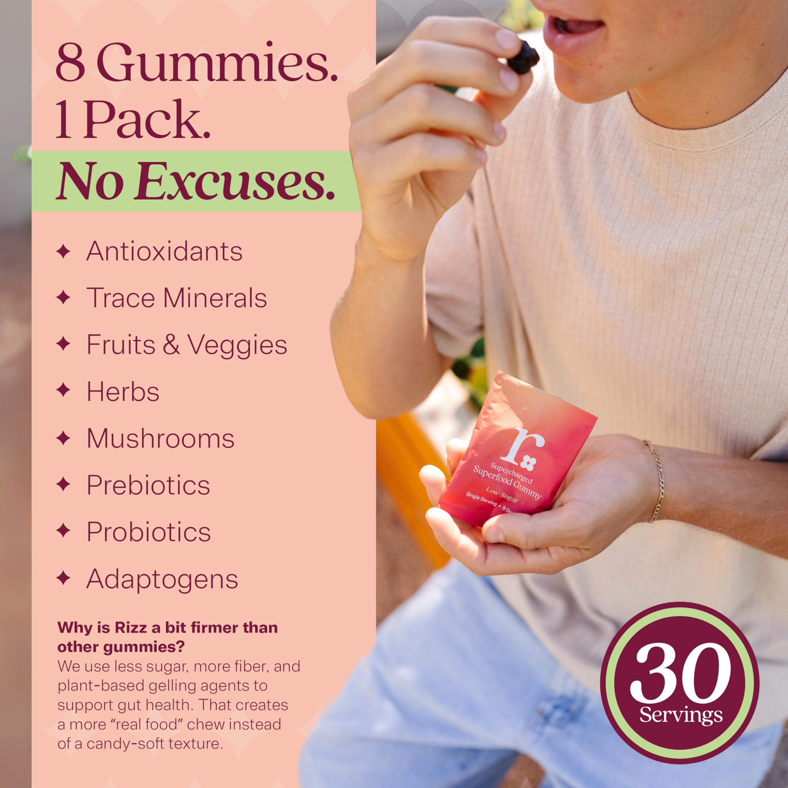 Rizz Multivitamin Gummies displayed with fruits and vegetables