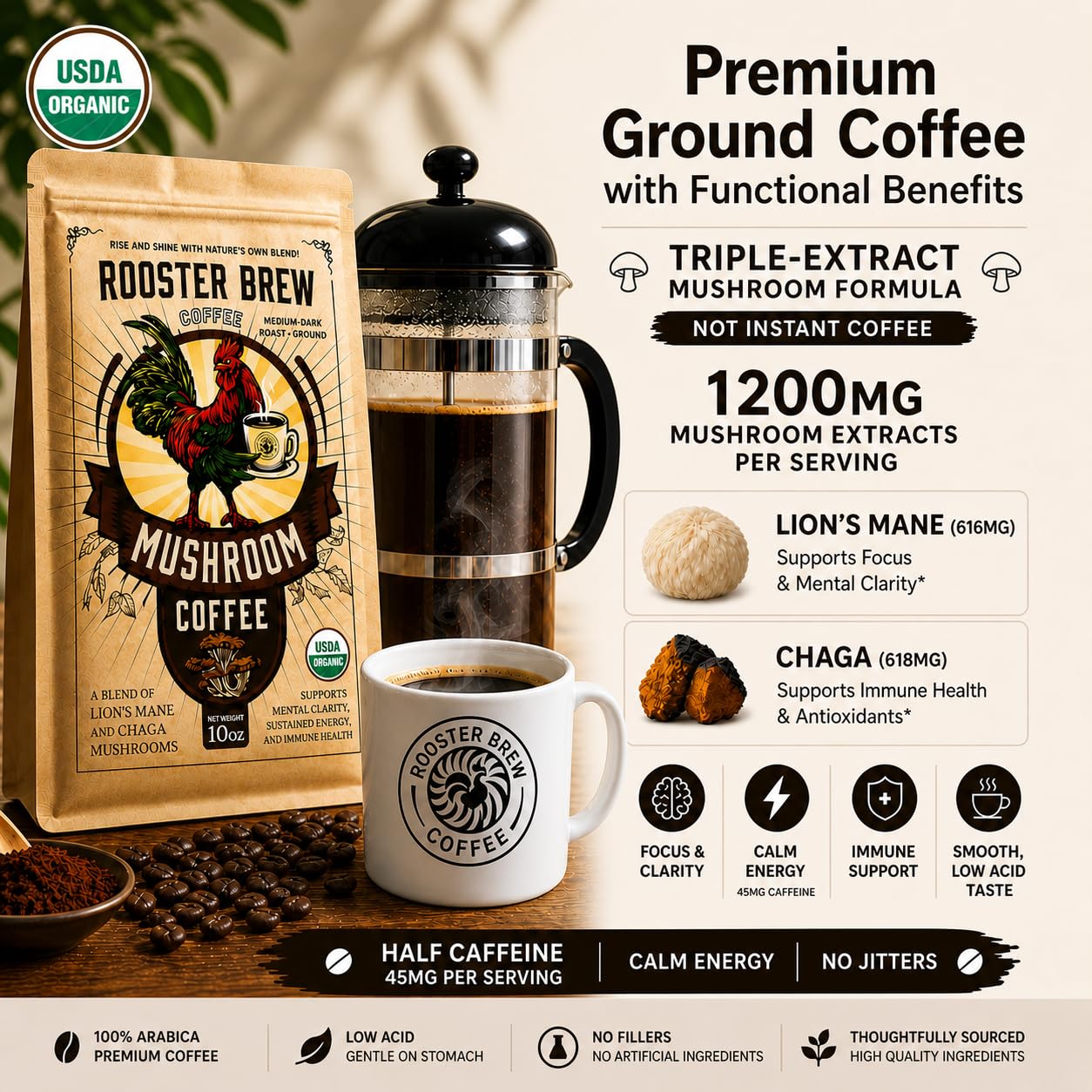 Rooster Brew Coffee Mushroom Coffee 283g back view