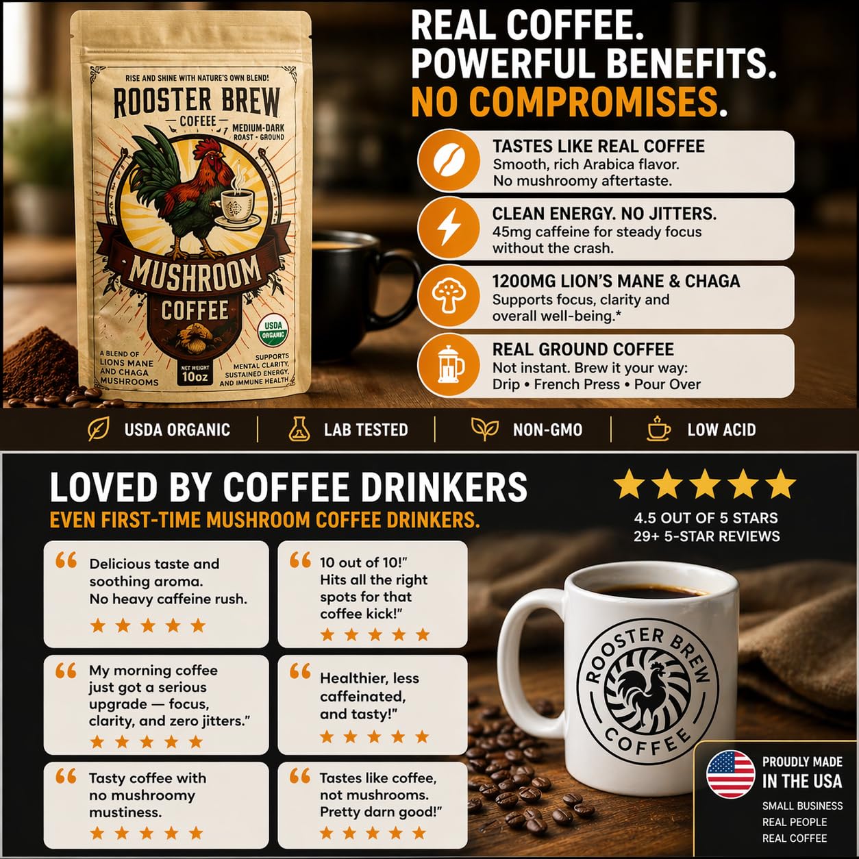 Rooster Brew Coffee Mushroom Coffee 283g side view