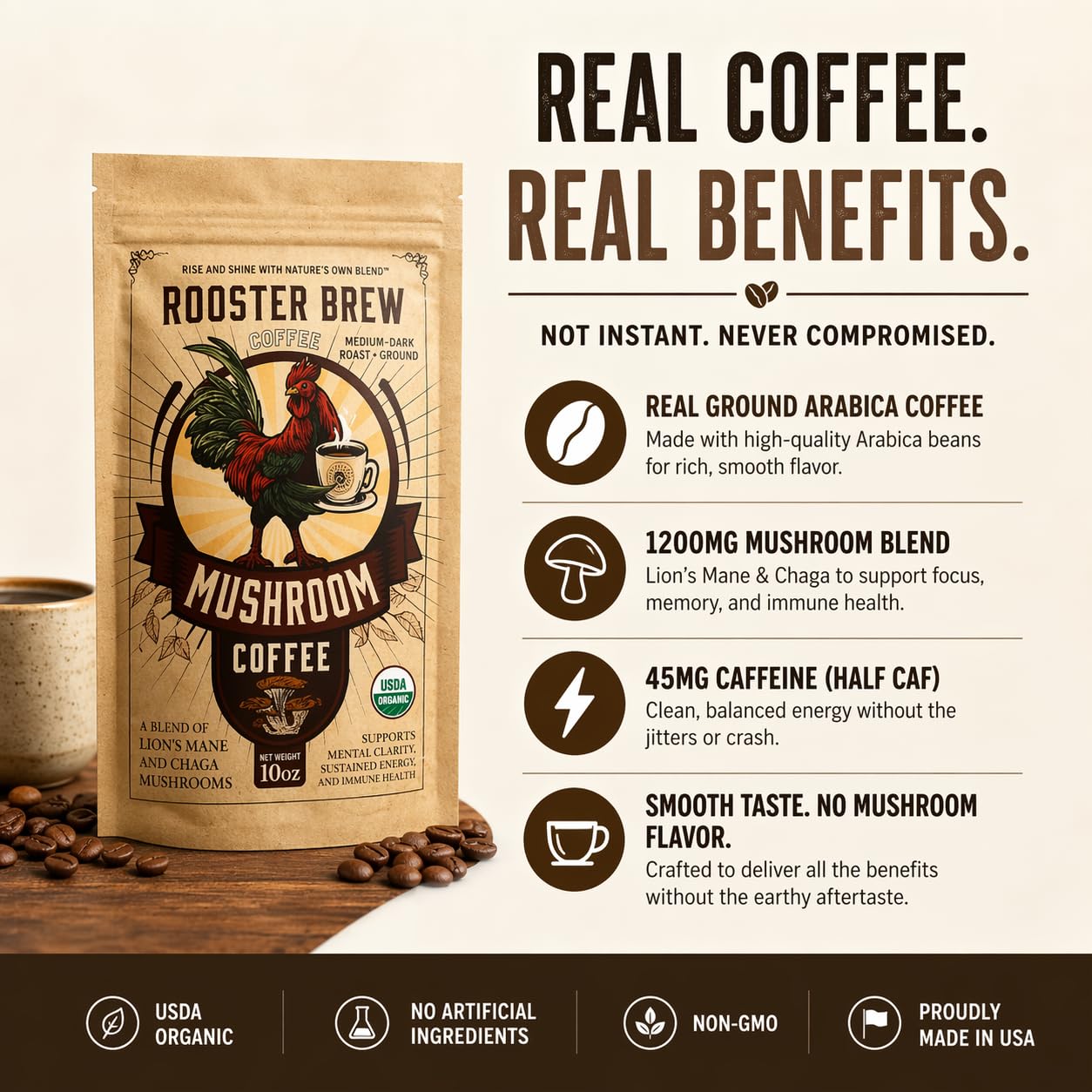 Rooster Brew Coffee Mushroom Coffee brewed in a cup