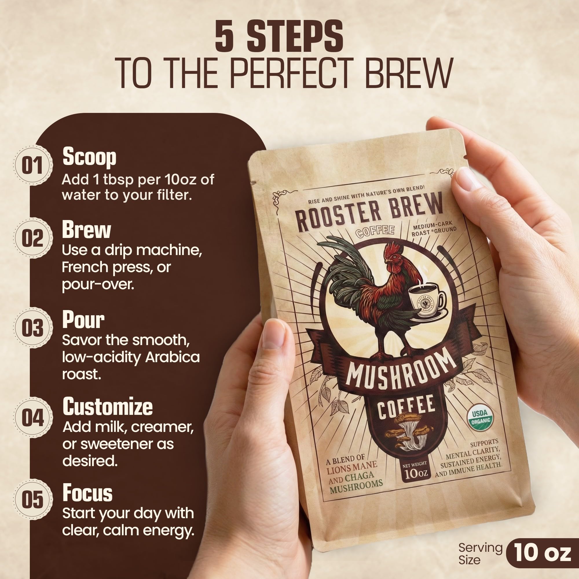 Rooster Brew Coffee Mushroom Coffee ingredients close-up