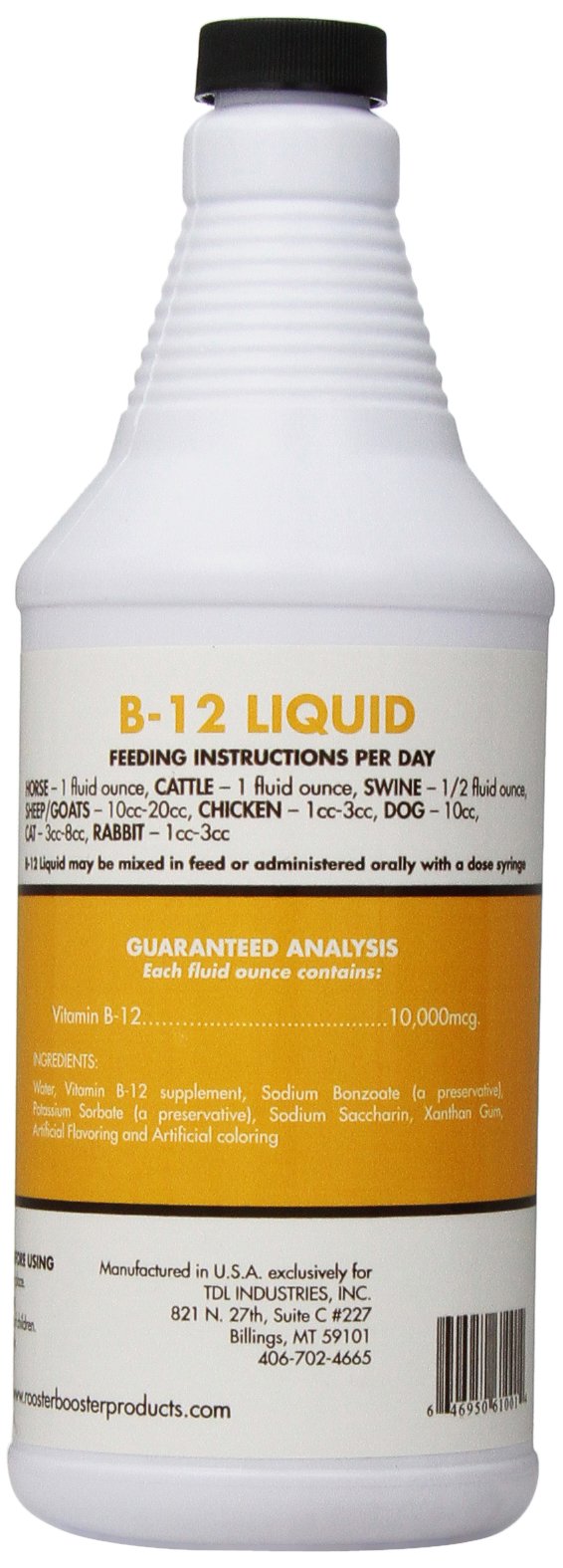 Rooster support Liquid B-12 bottle side view showing dosage details