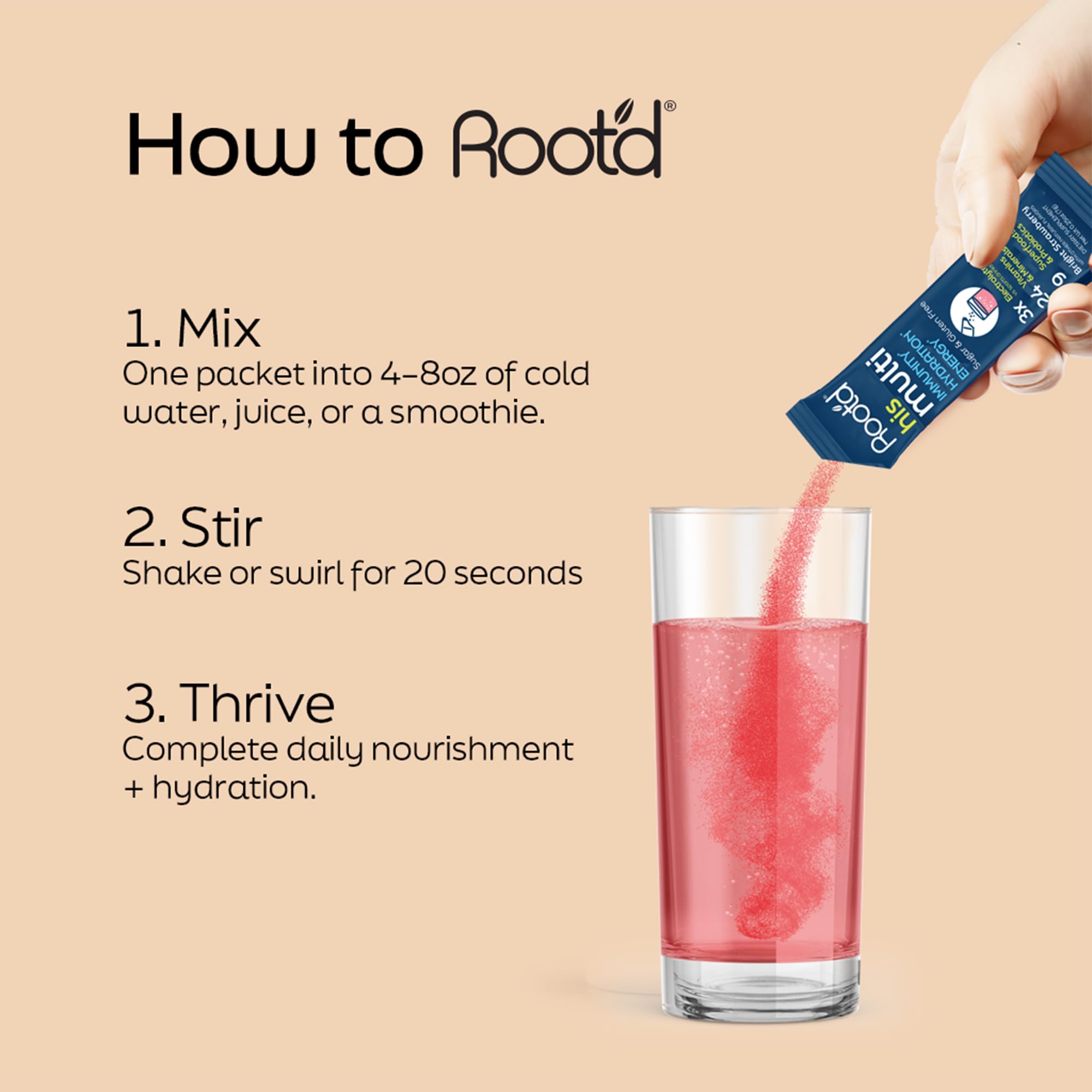 Root'd Men's Multivitamin Drink Mix powder in a glass of water