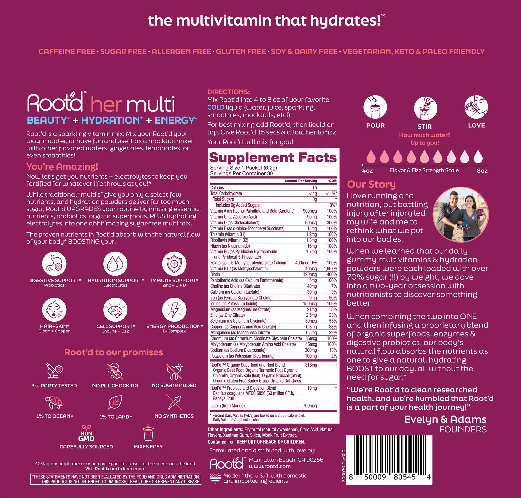 Root'd Multivitamin Drink Mix for Women scoop next to a glass