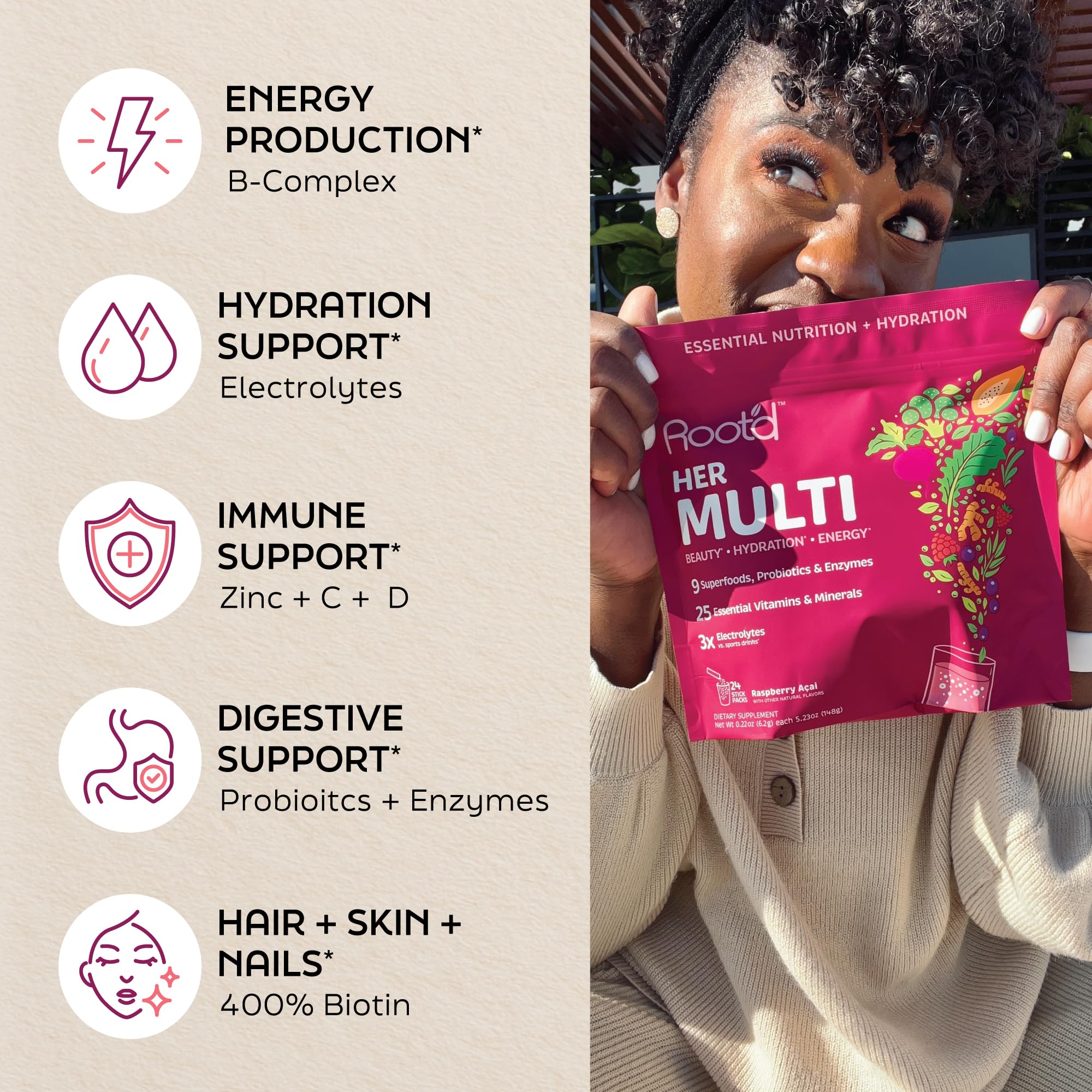 Root'd Multivitamin Drink Mix powder in a glass