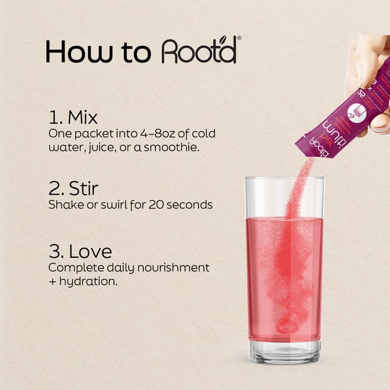 Root'd Women's Multivitamin Drink Mix powder in a glass