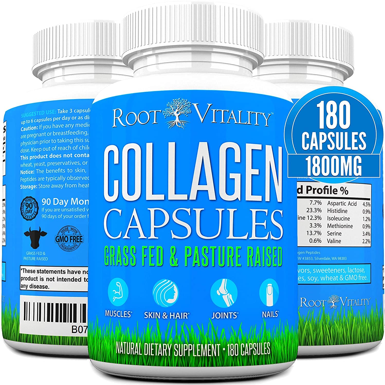 Root Vitality Collagen Peptides Capsules 180 count front view