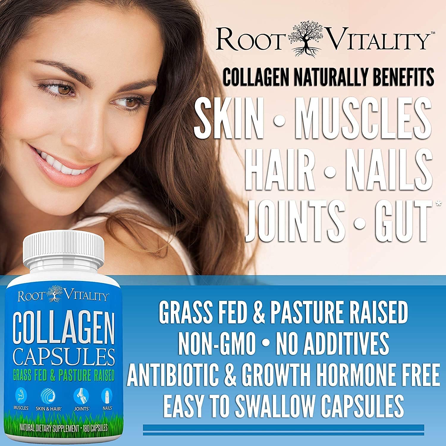Root Vitality Collagen Peptides Capsules side view with label