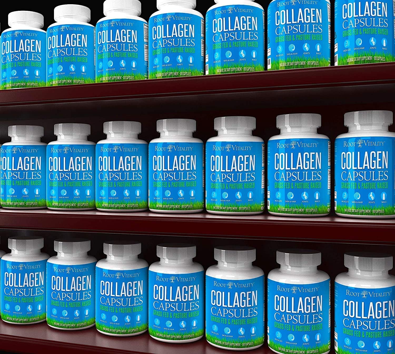 Root Vitality Collagen Peptides Capsules with water glass