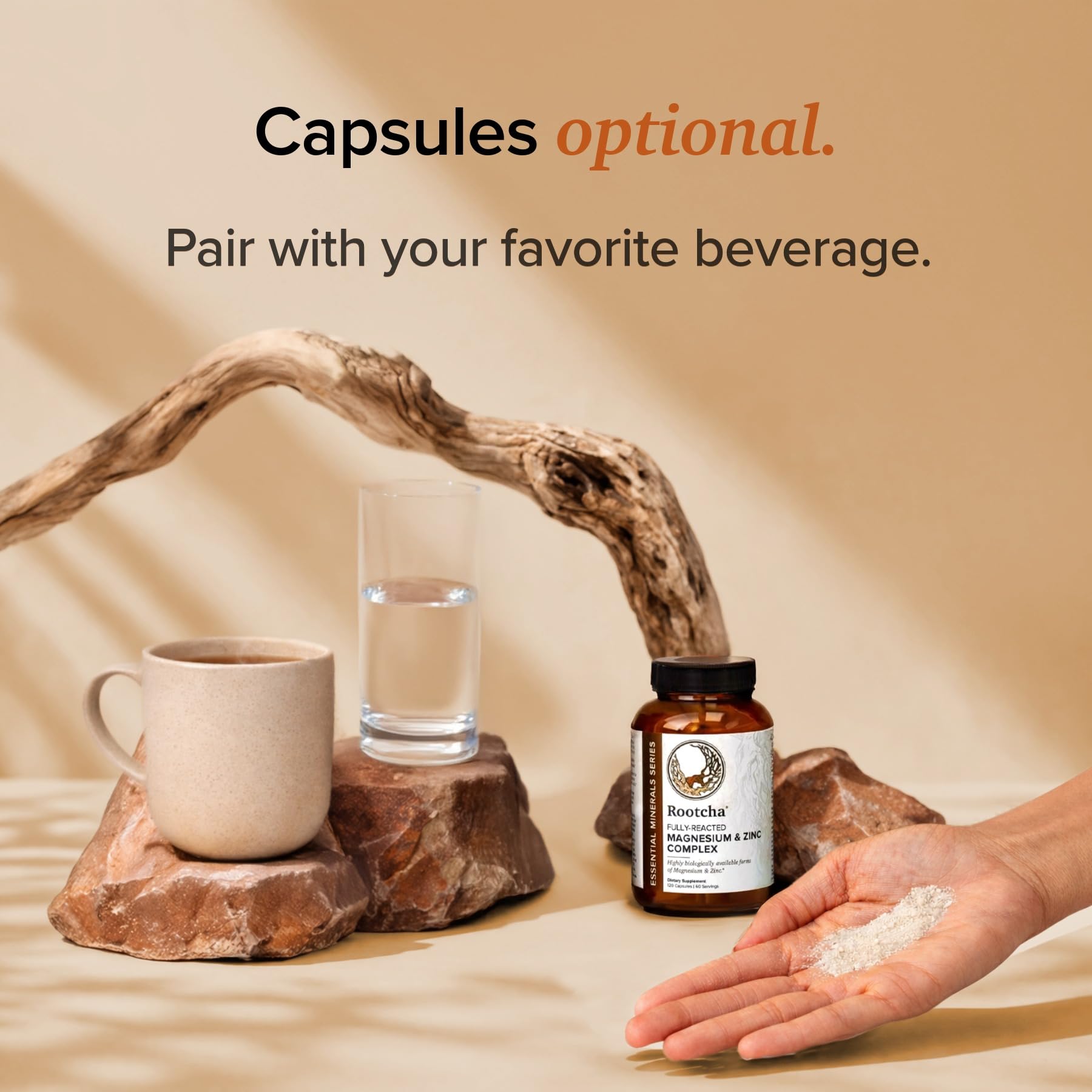 Rootcha Magnesium and Zinc Complex 400mg with a glass of water