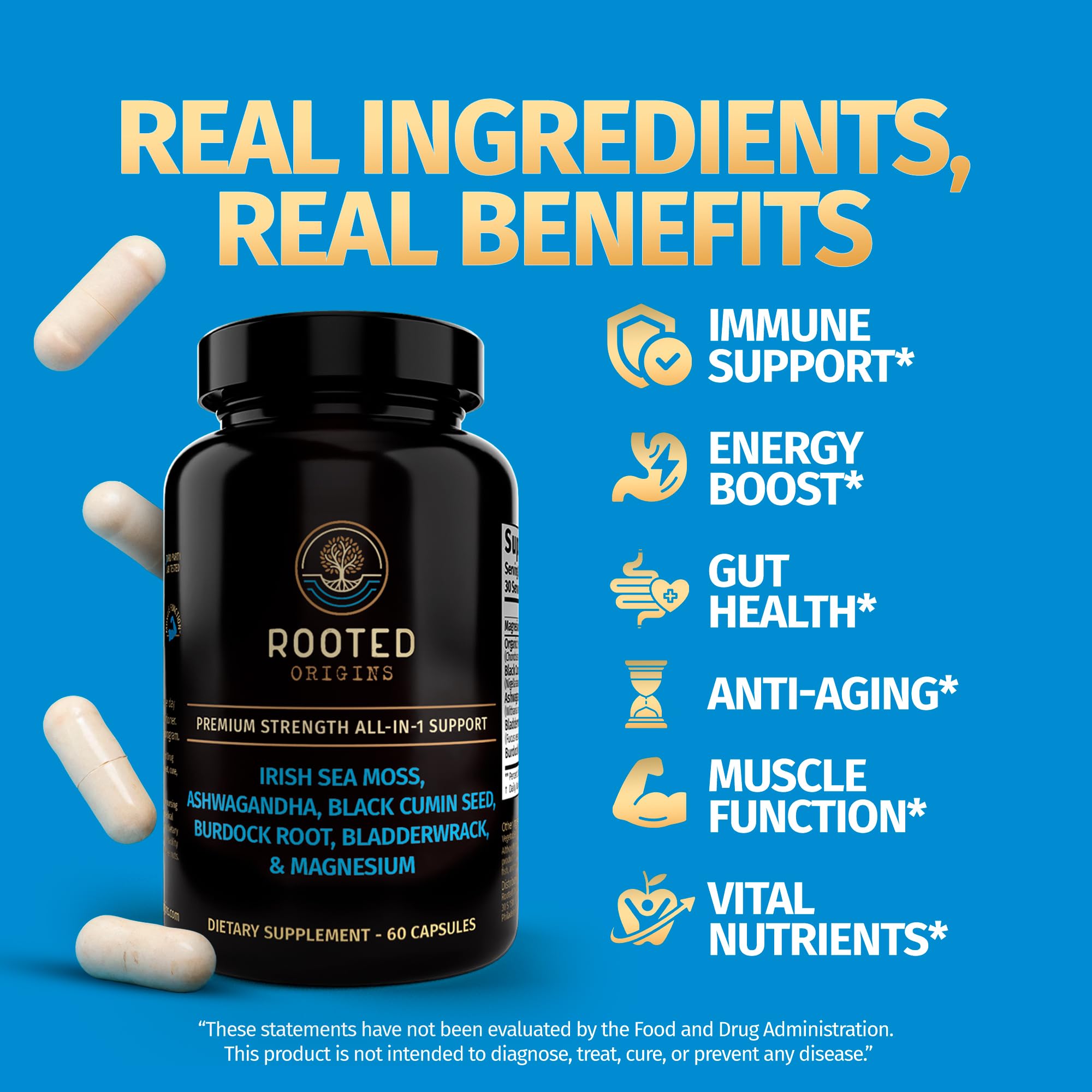 Rooted Origins Sea Moss & Ashwagandha Capsules back view