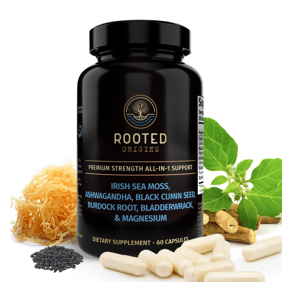 Rooted Origins Sea Moss & Ashwagandha Capsules front view