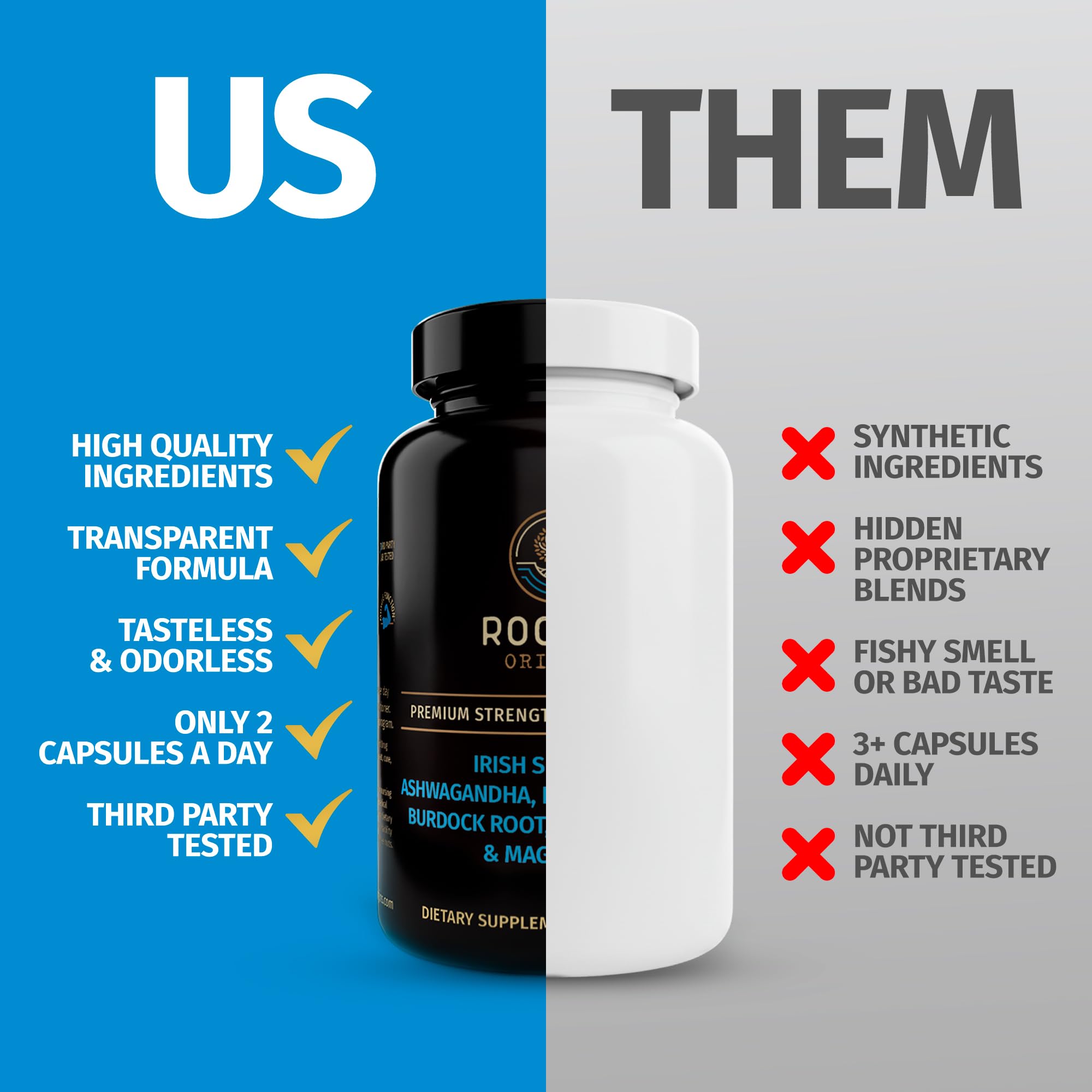 Rooted Origins Sea Moss & Ashwagandha Capsules on a wooden table