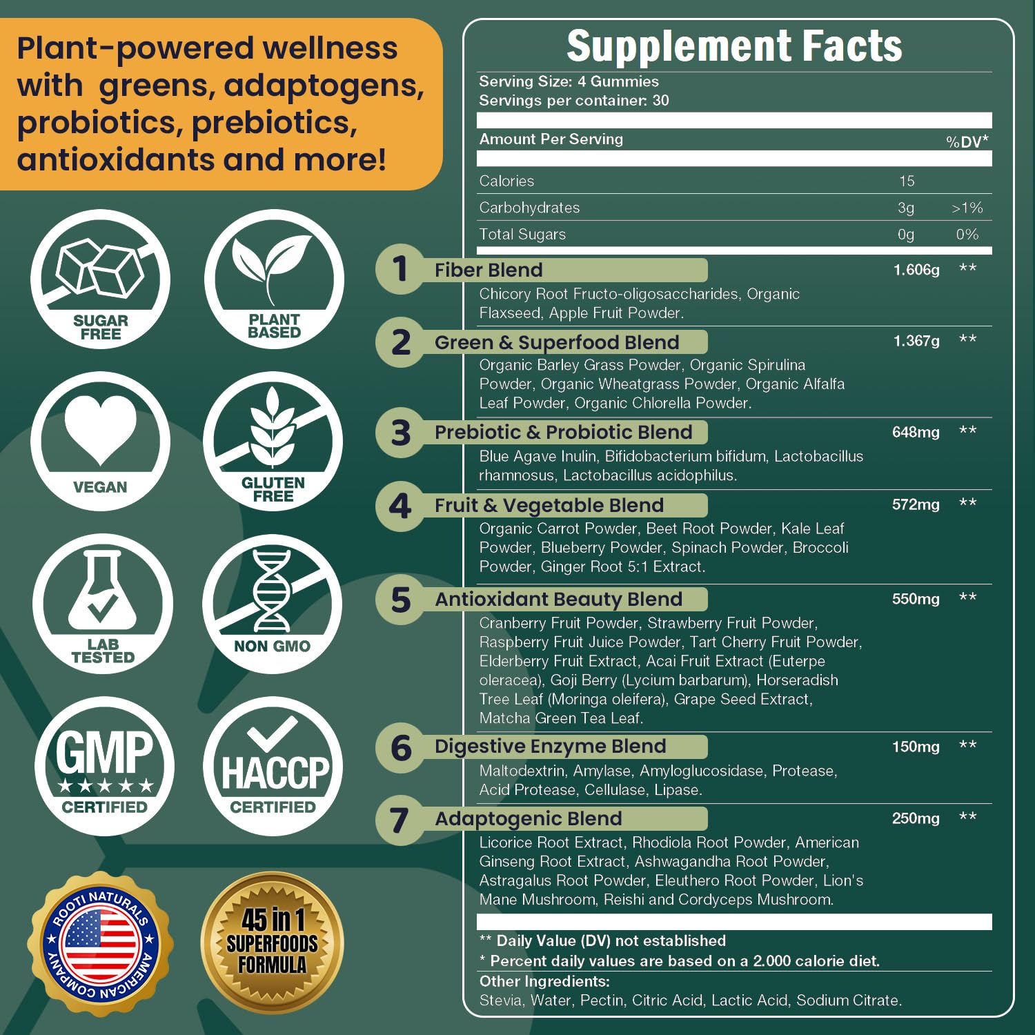 ROOTI Chlorella 7-IN-1 Whole Food Blends nutritional information