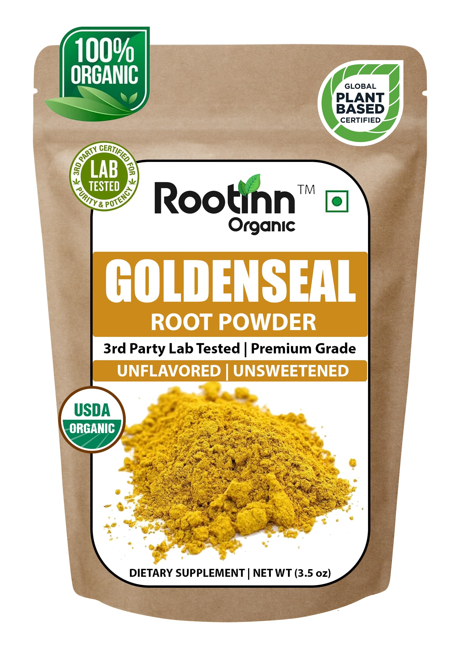 Rootinn Organic Goldenseal Root Powder 3.5 oz package front view