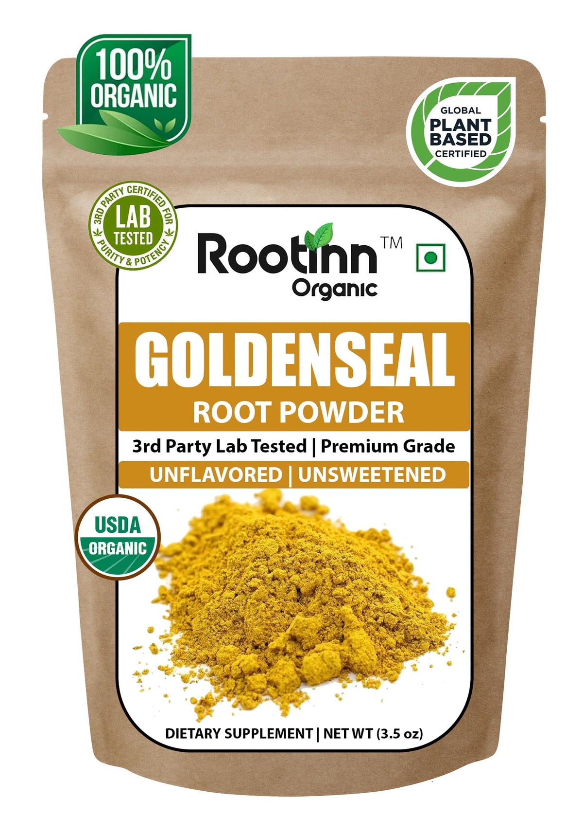 Rootinn Organic Goldenseal Root Powder 3.5 oz package front view