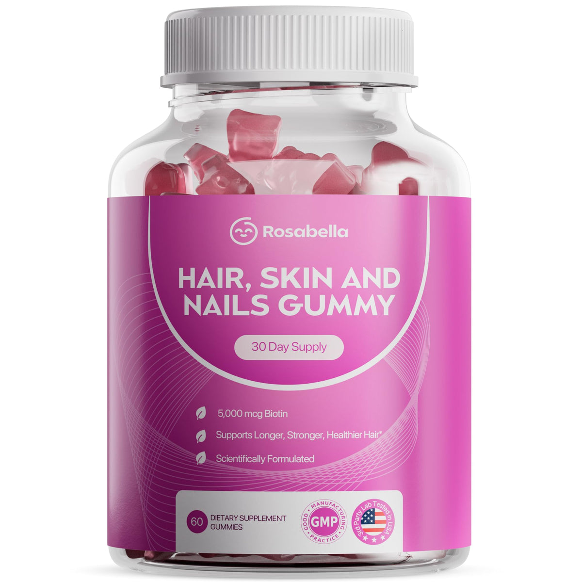Rosabella Biotin Gummies 5000mcg front view with packaging