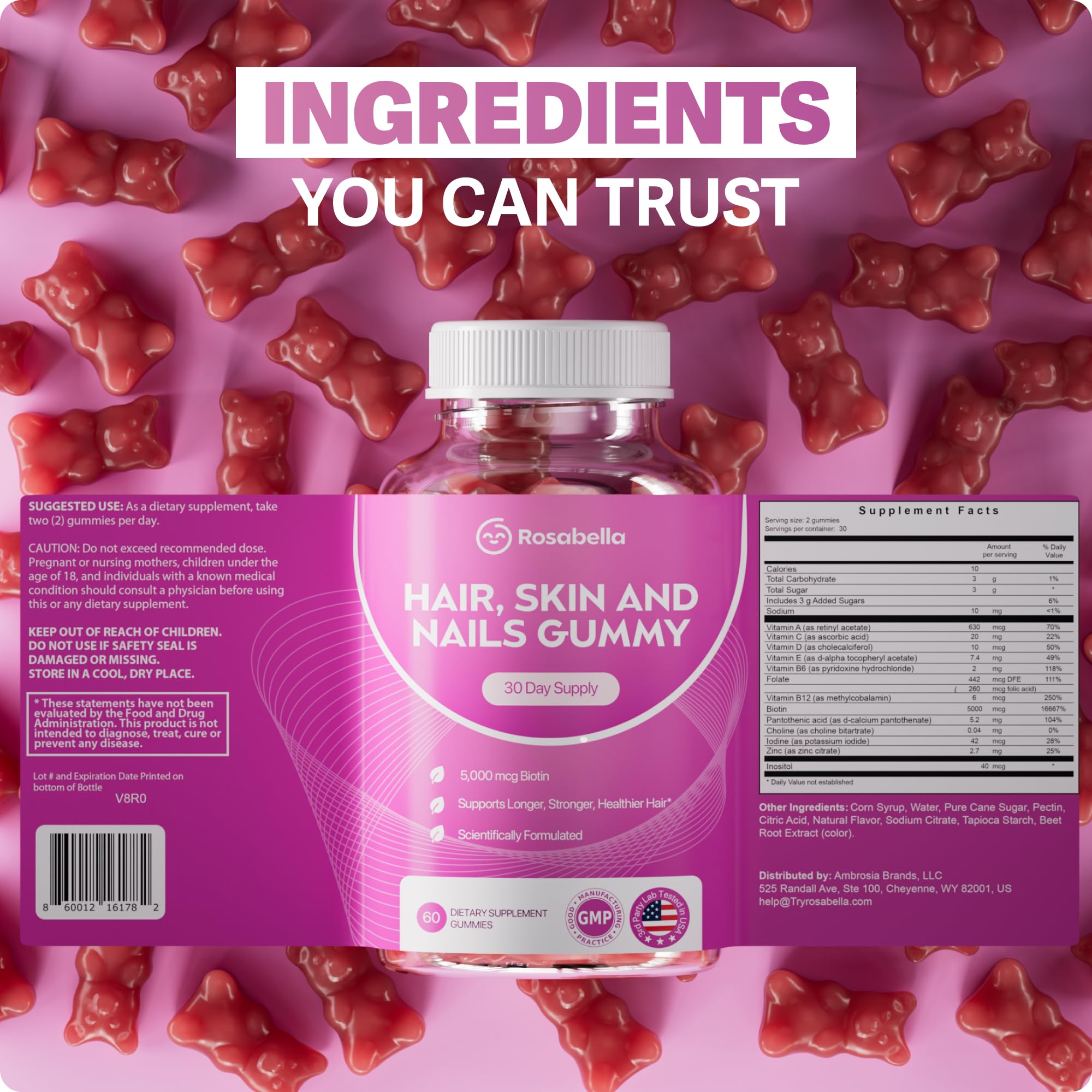 Rosabella Biotin Gummies 5000mcg on a table