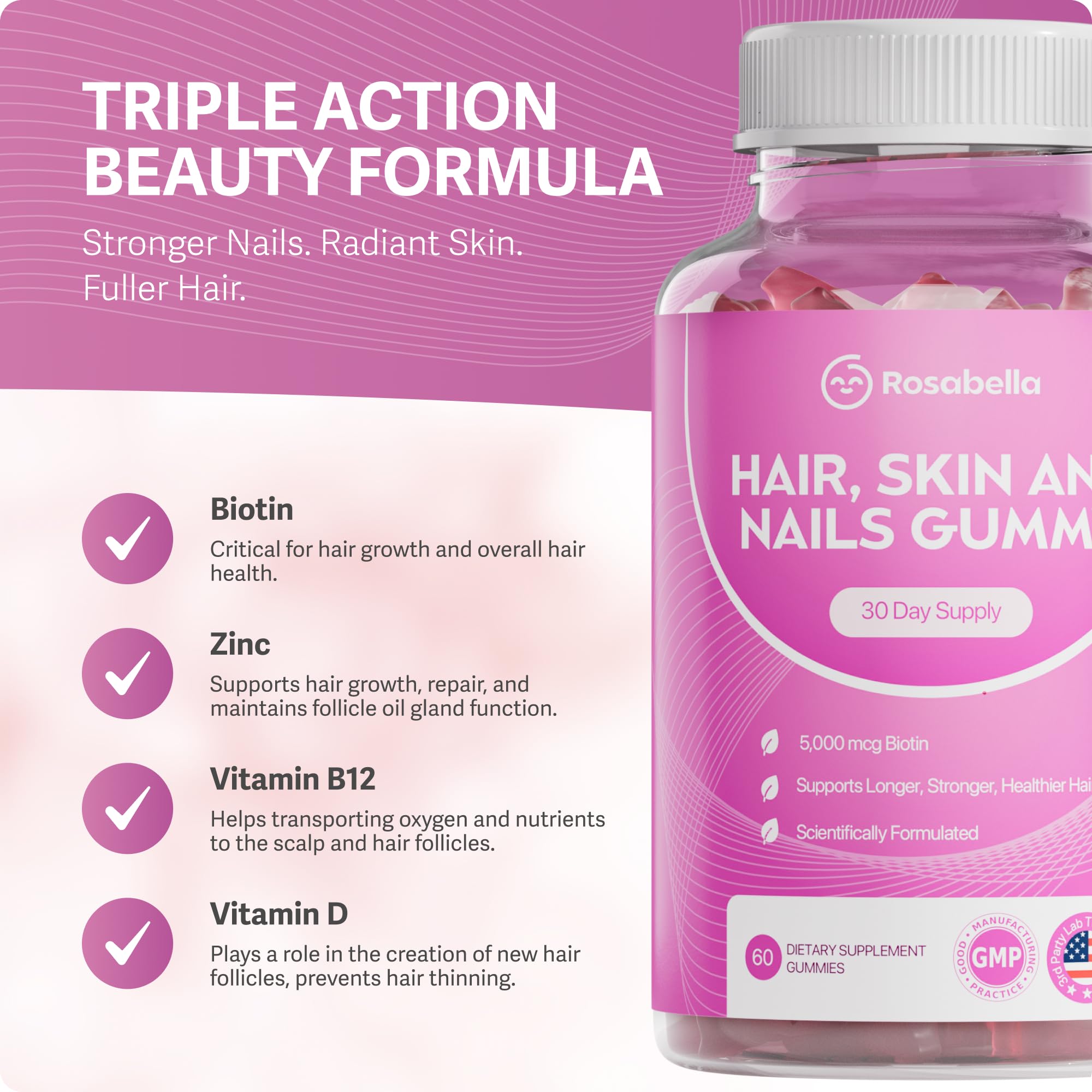 Rosabella Biotin Gummies 5000mcg side view showing gummies
