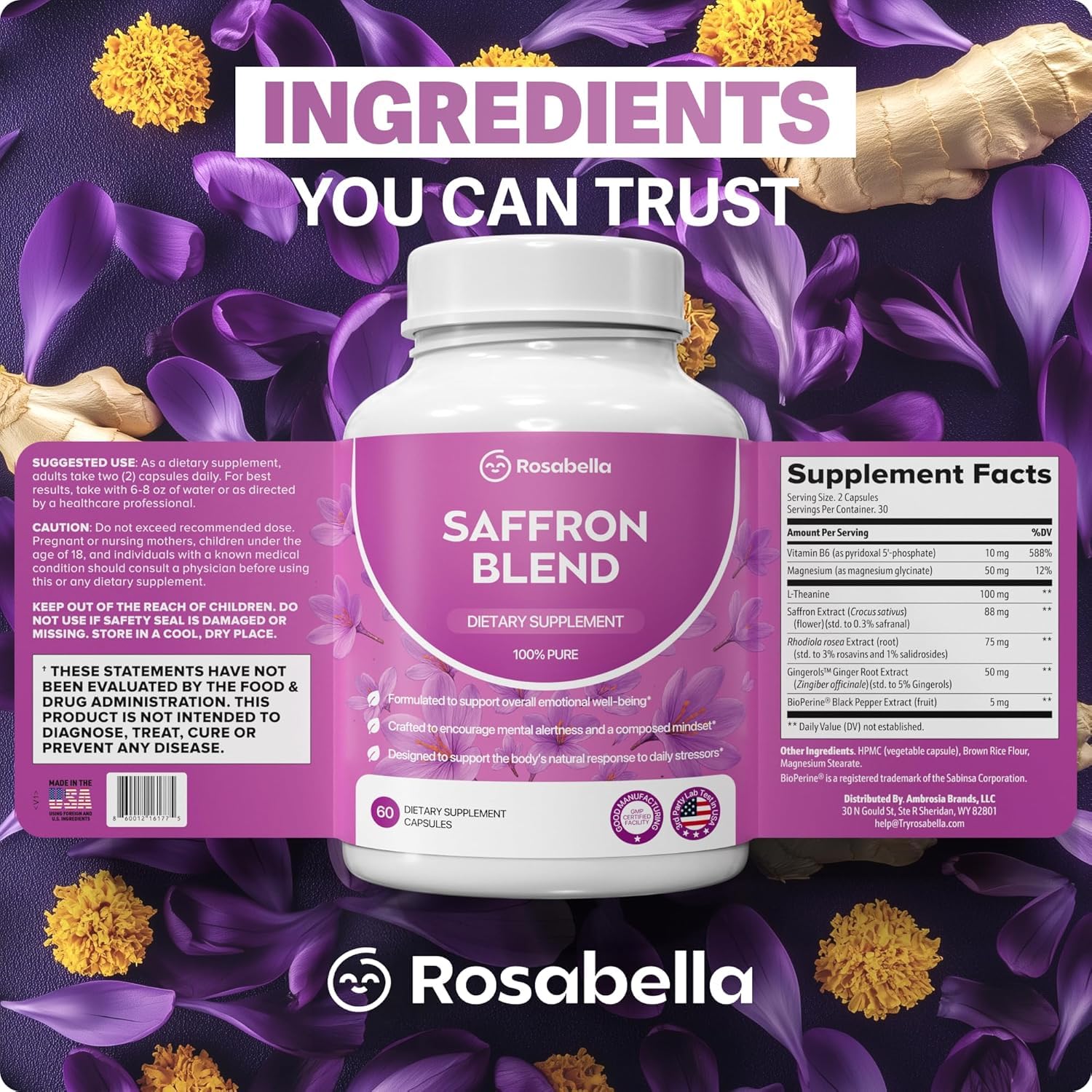 Rosabella Saffron Blend Supplement 30mg capsules lifestyle scene