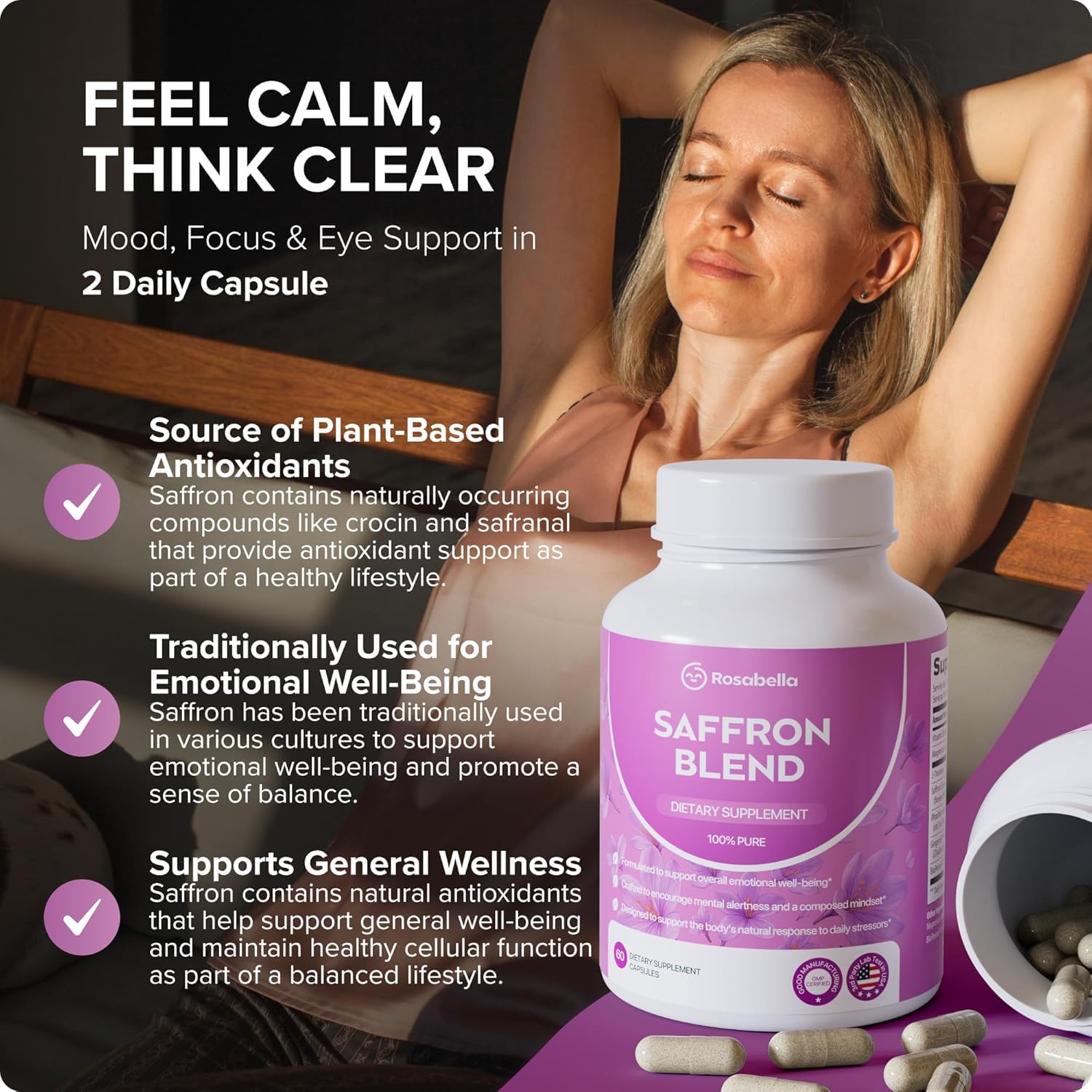 Rosabella Saffron Blend Supplement 30mg Capsules side view