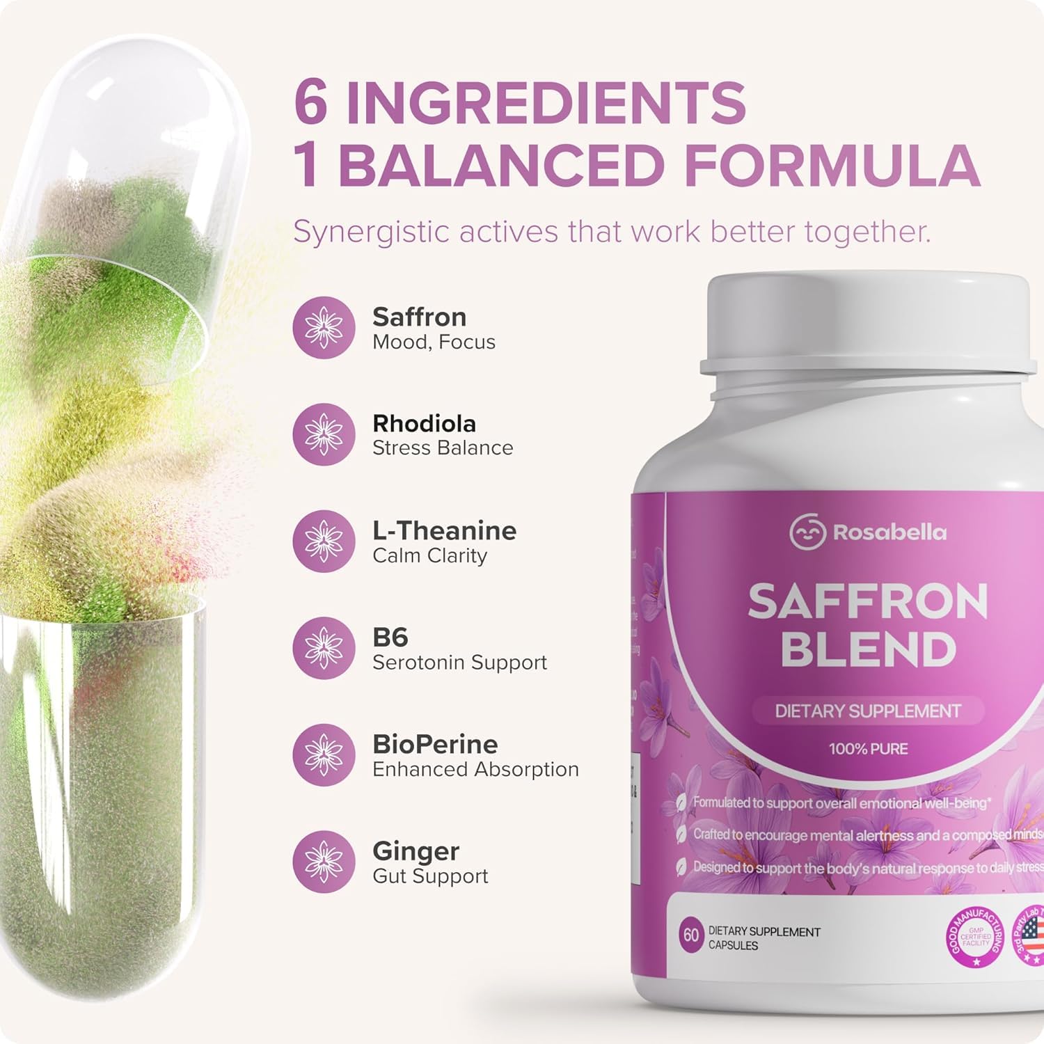 Rosabella Saffron Blend Supplement 30mg capsules with packaging
