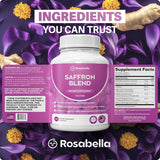 Rosabella Saffron Blend Supplement capsules next to a glass of water