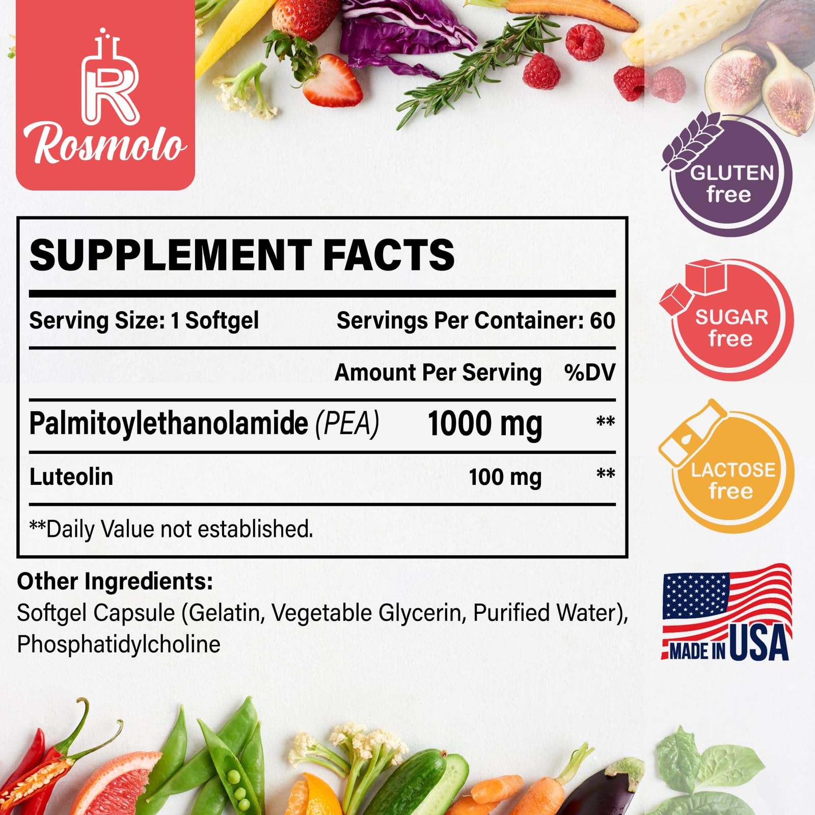 Rosmolo Liposomal PEA + Luteolin softgel capsules bottle side view
