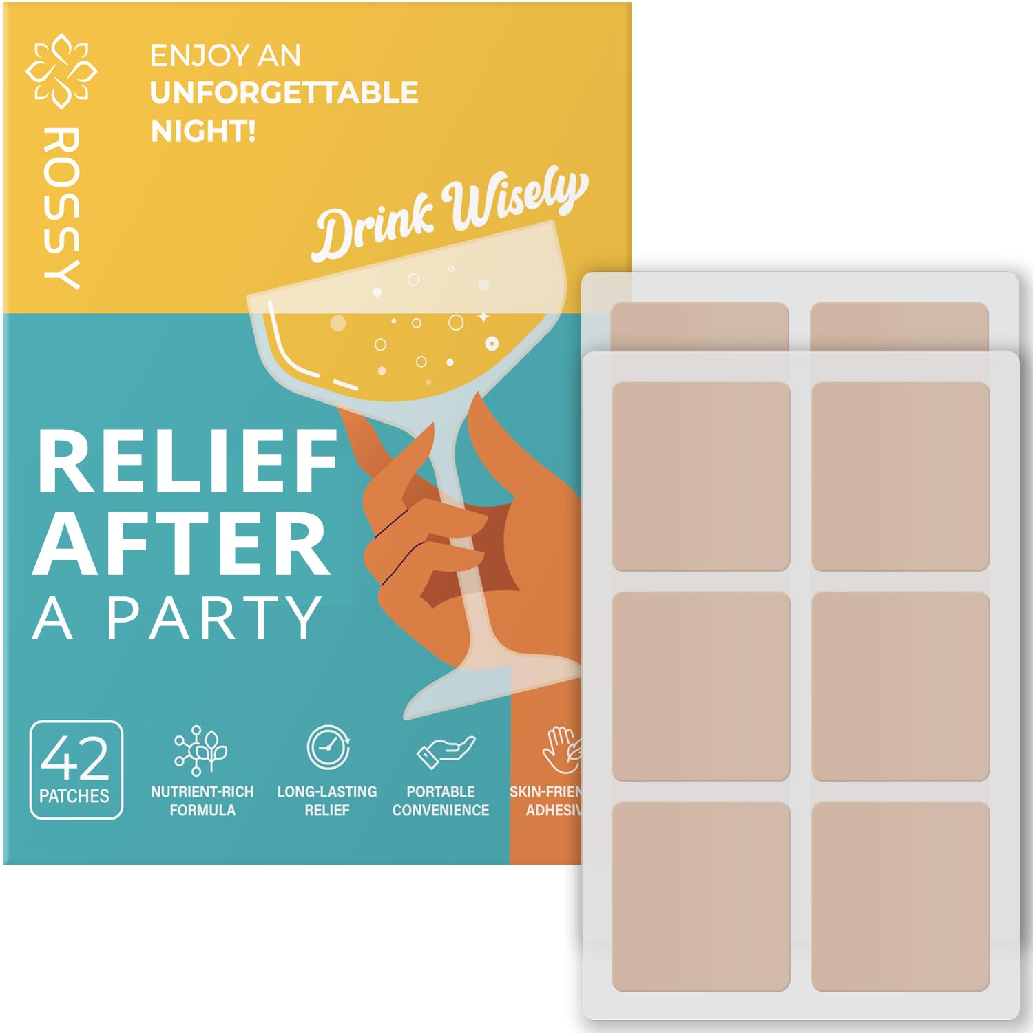 Rossy Drinking Relief Patches front packaging view