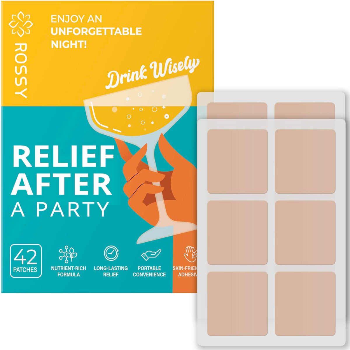 Rossy Drinking Relief Patches front packaging view