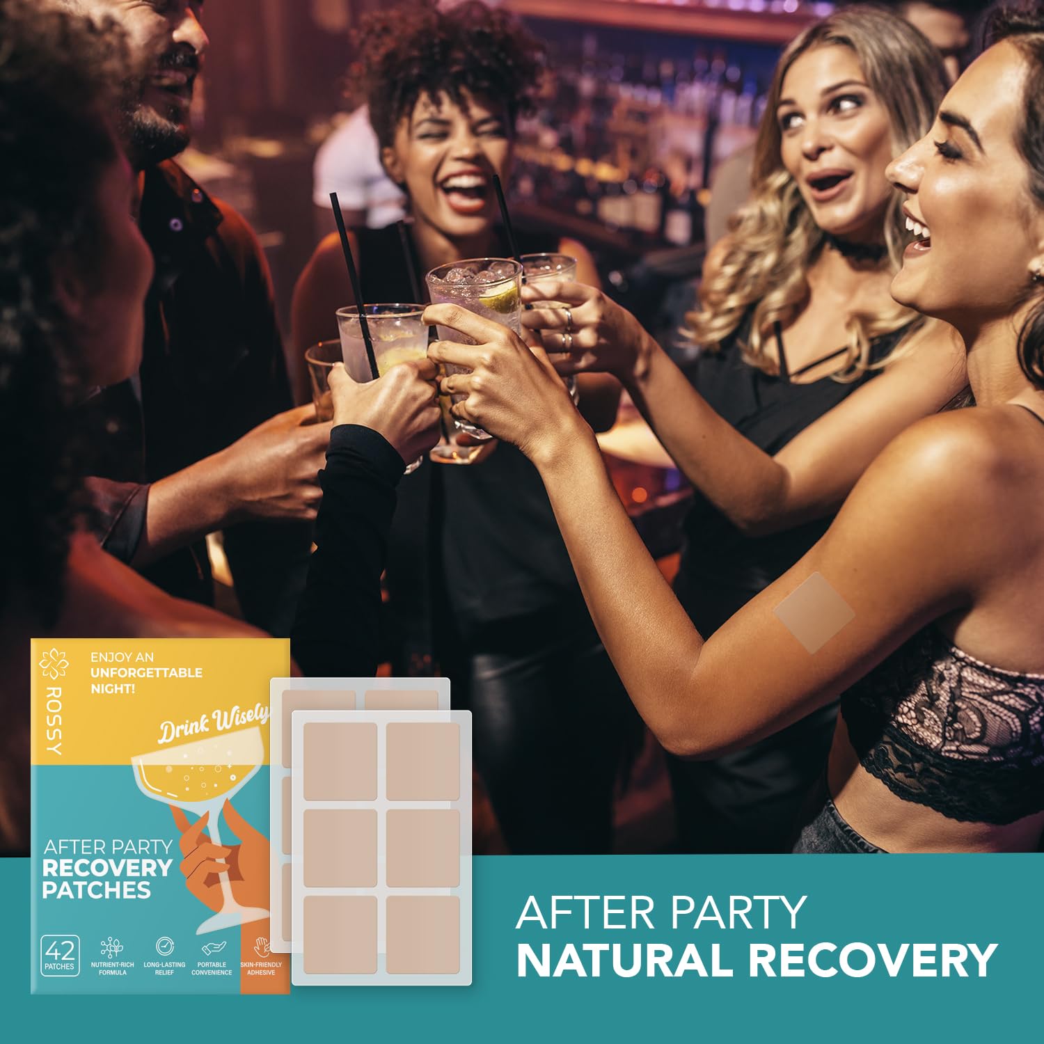 Rossy Drinking Relief Patches in use at a party