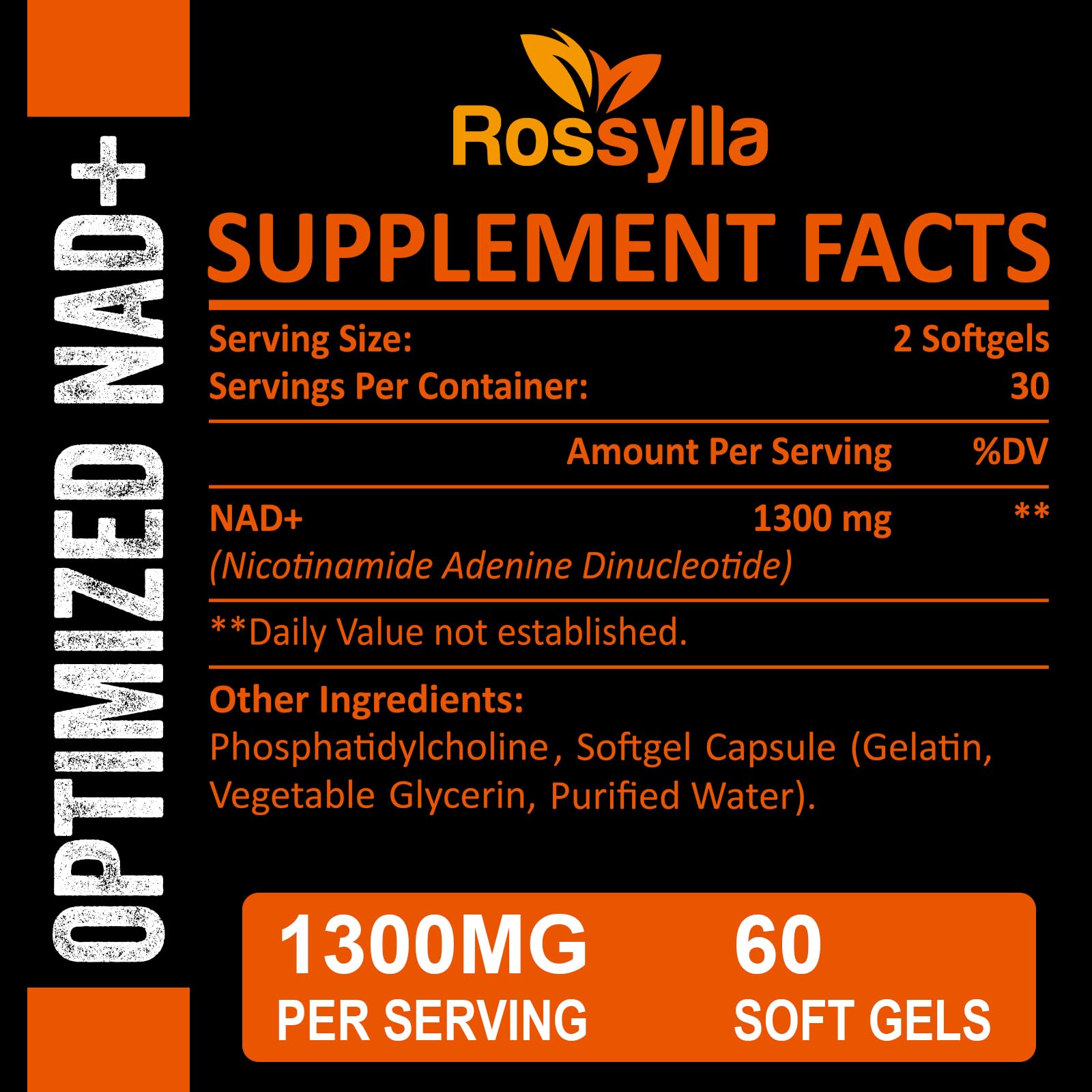 Rossylla Liposomal NAD+ 1300mg capsules side view