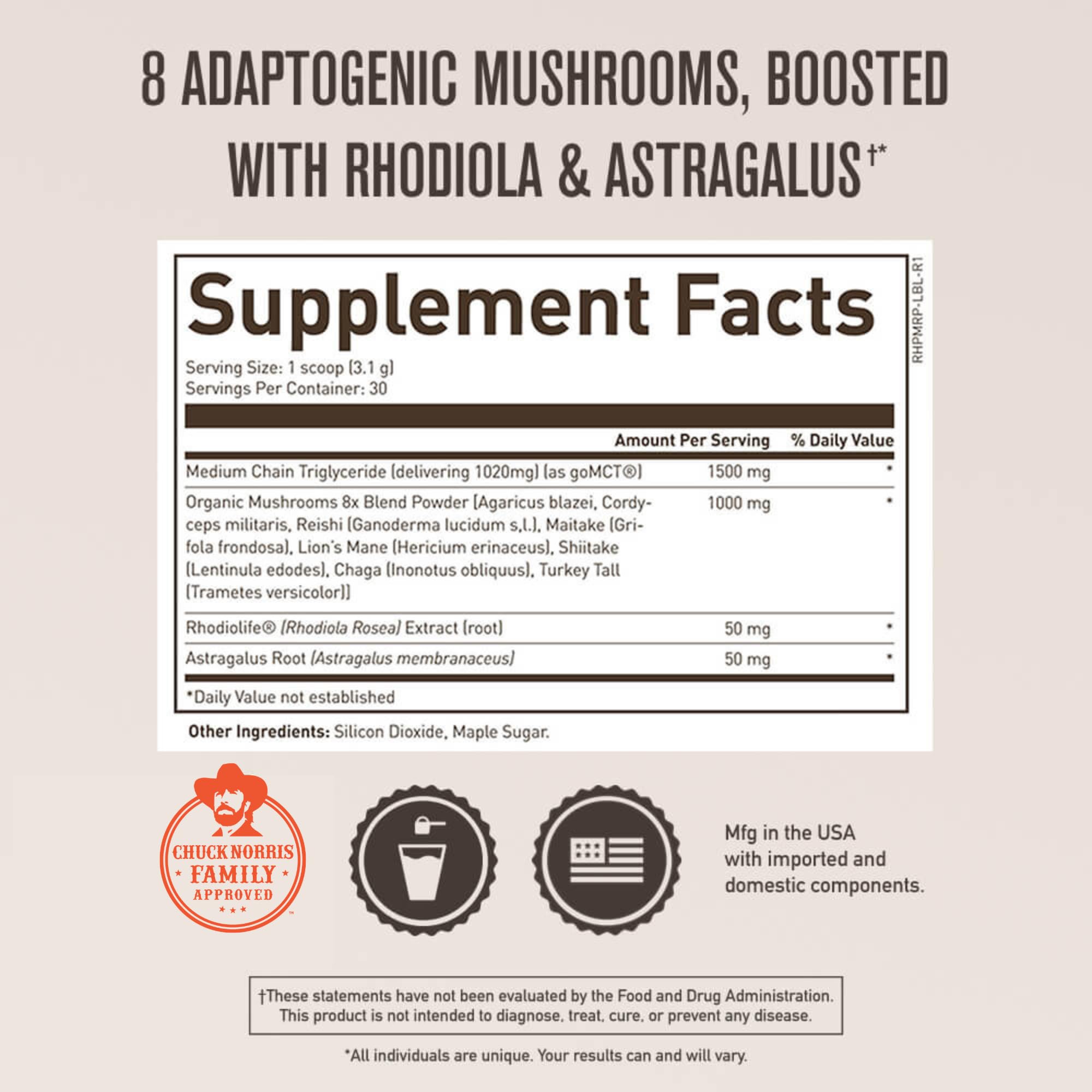 ROUNDHOUSE PROVISION Adaptogenic Mushroom Blend 93g serving suggestion with smoothie