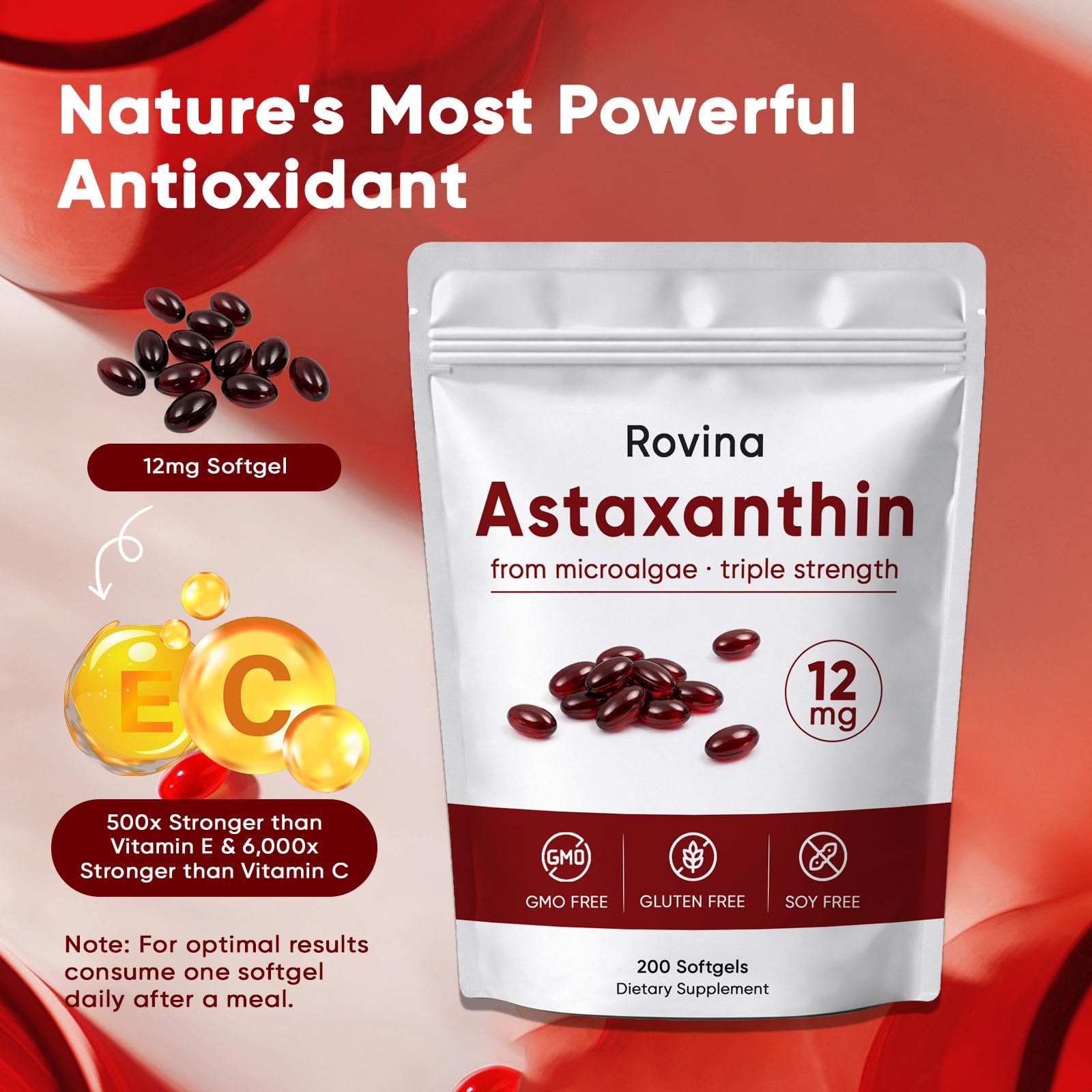 ROVINA Astaxanthin Softgels back view showing ingredients
