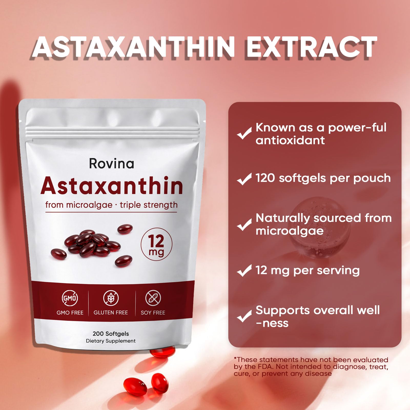 ROVINA Astaxanthin Softgels on a wooden table