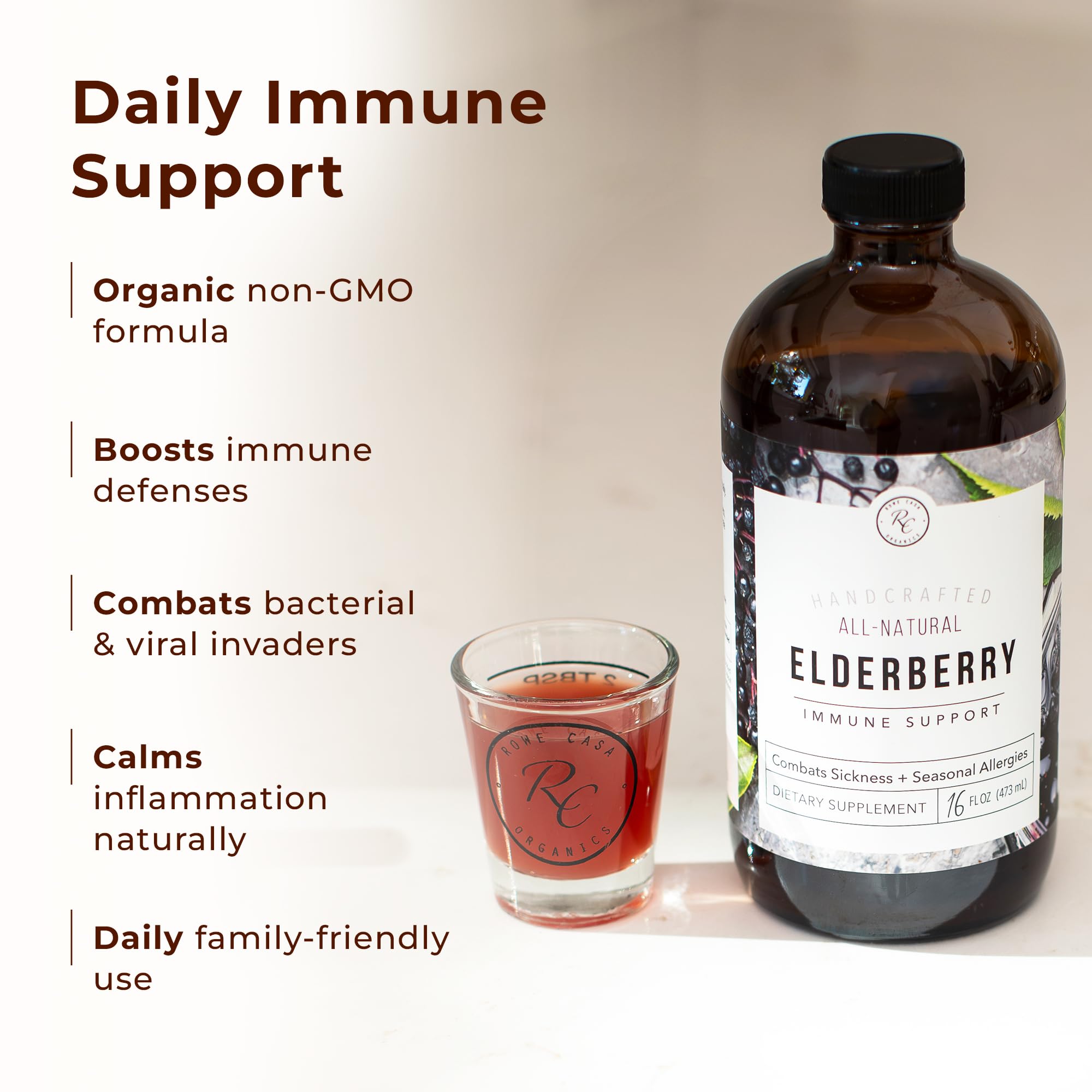 Rowe Casa Organics Elderberry Syrup 473ml family-friendly serving