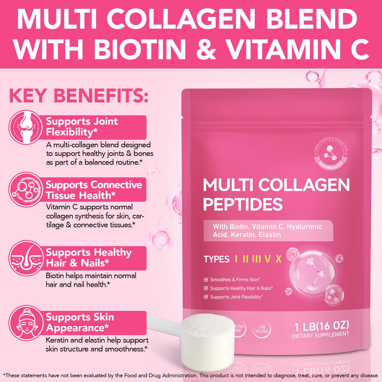 RSGRT Multi Collagen Peptides Powder 454g back view with ingredient list
