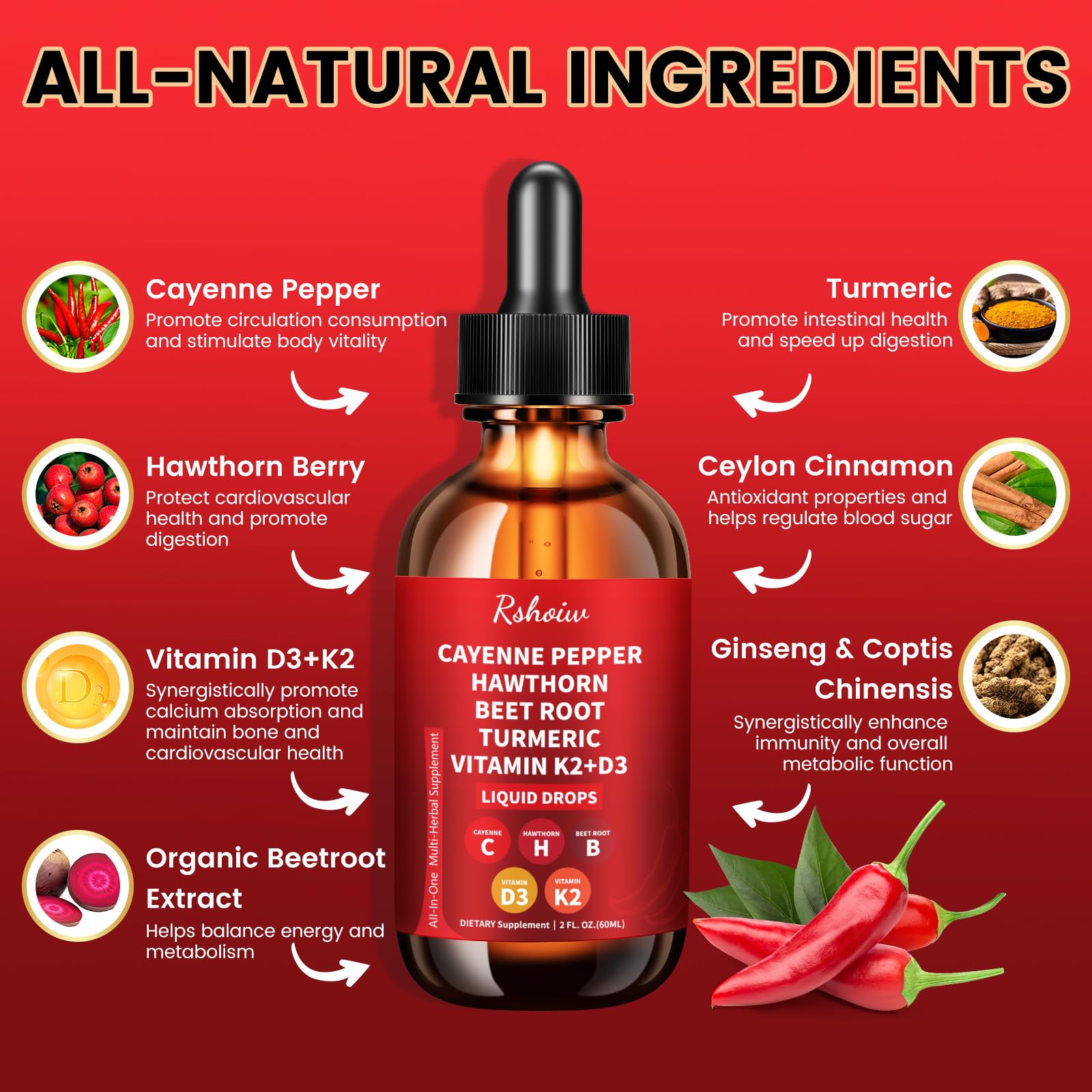 Rshoiw Cayenne Pepper Drops Supplement bottle on a wooden table